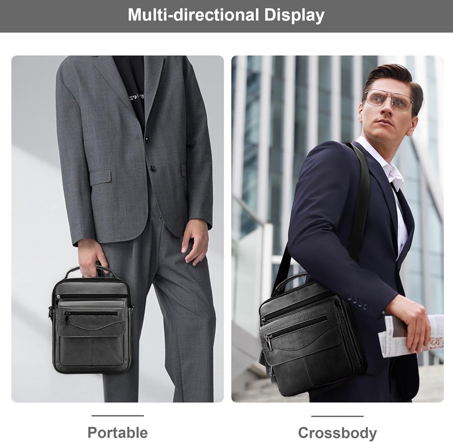 Men's Leather Crossbody Shoulder Bag - Messenger Satchel Travel Handbag