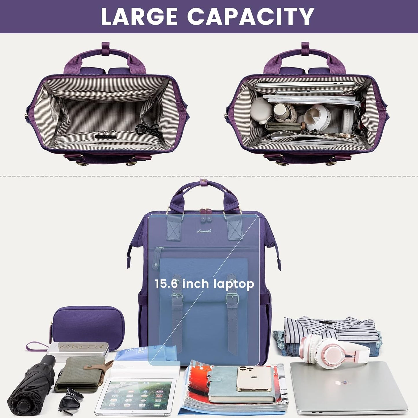 LOVEVOOK Laptop Backpack for Women Work Travel Computer Backpacks Purse, Doctor Nurse Bag Teacher Business Laptop Bag, Fashion College Backpack Casual Daypack, 15.6 Inch, Purple-Purple-Purple