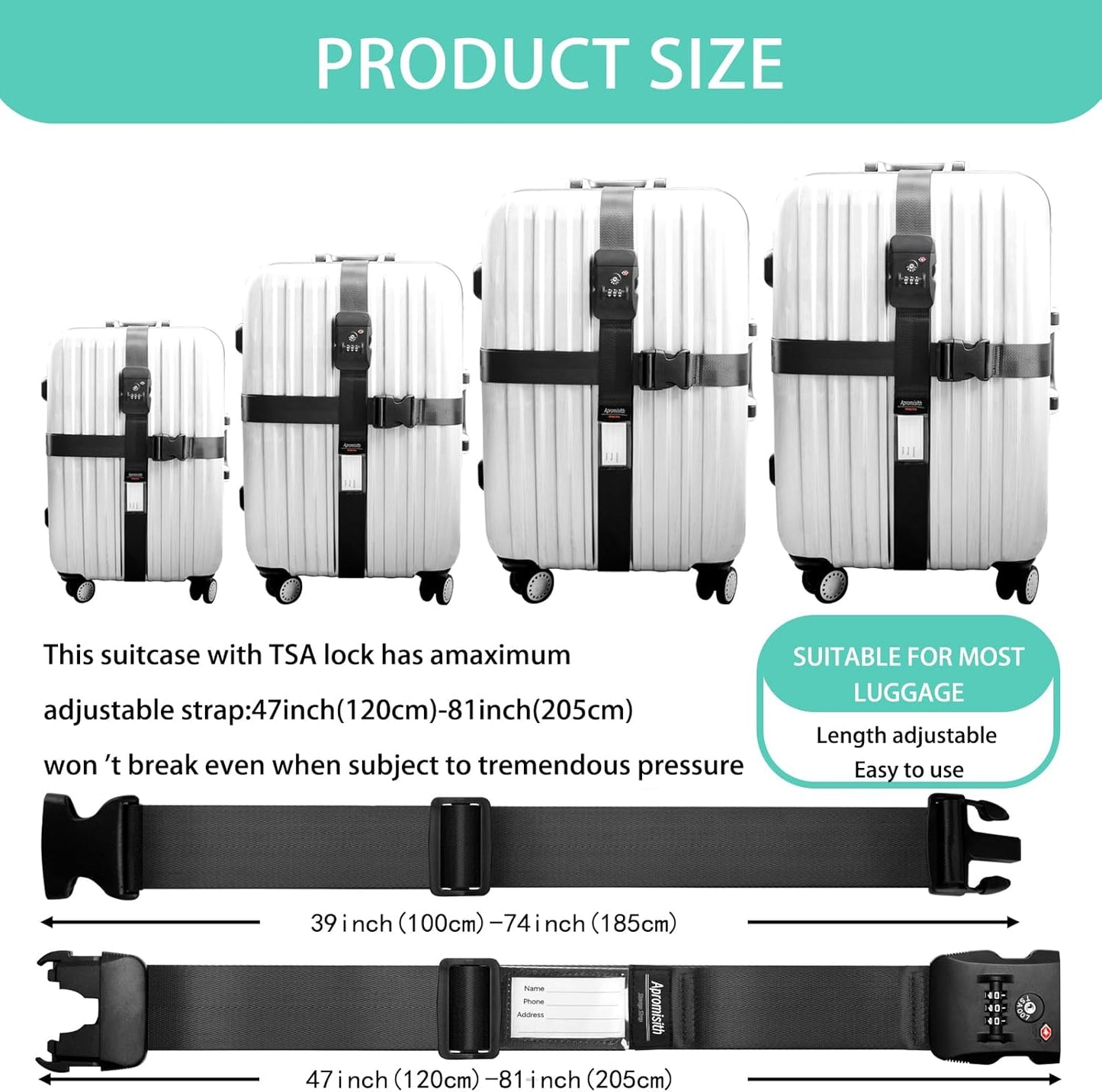 Cross Luggage Strap Belt for 20"-32" Suitcase with TSA Approved 3-Dial Combination Lock Wide Adjustable Packing Straps Travel Accessories, Black