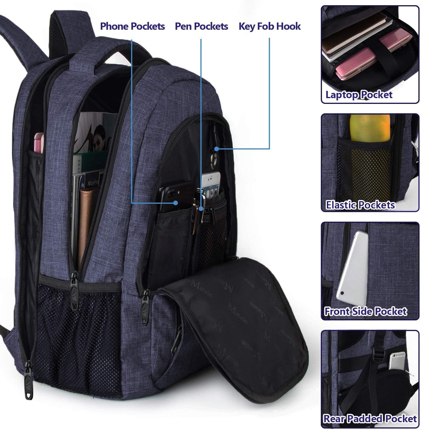 MATEIN Large College Backpack, Sturdy Computer Backpack with USB Charging Port Fits 17 inch