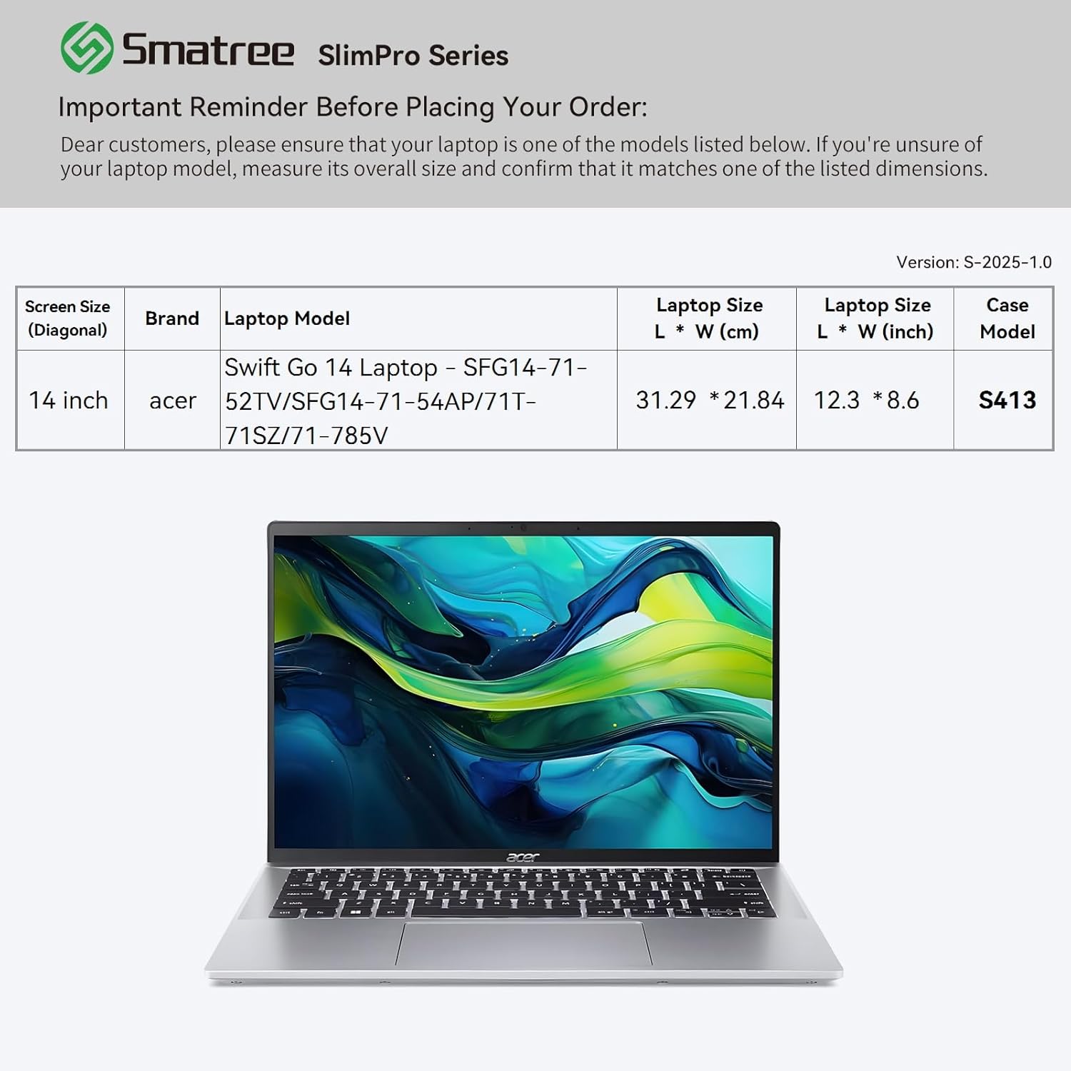 Smatree SlimPro Laptop Sleeve Case for 14 inch Acer Swift Go 14 Laptop SFG14