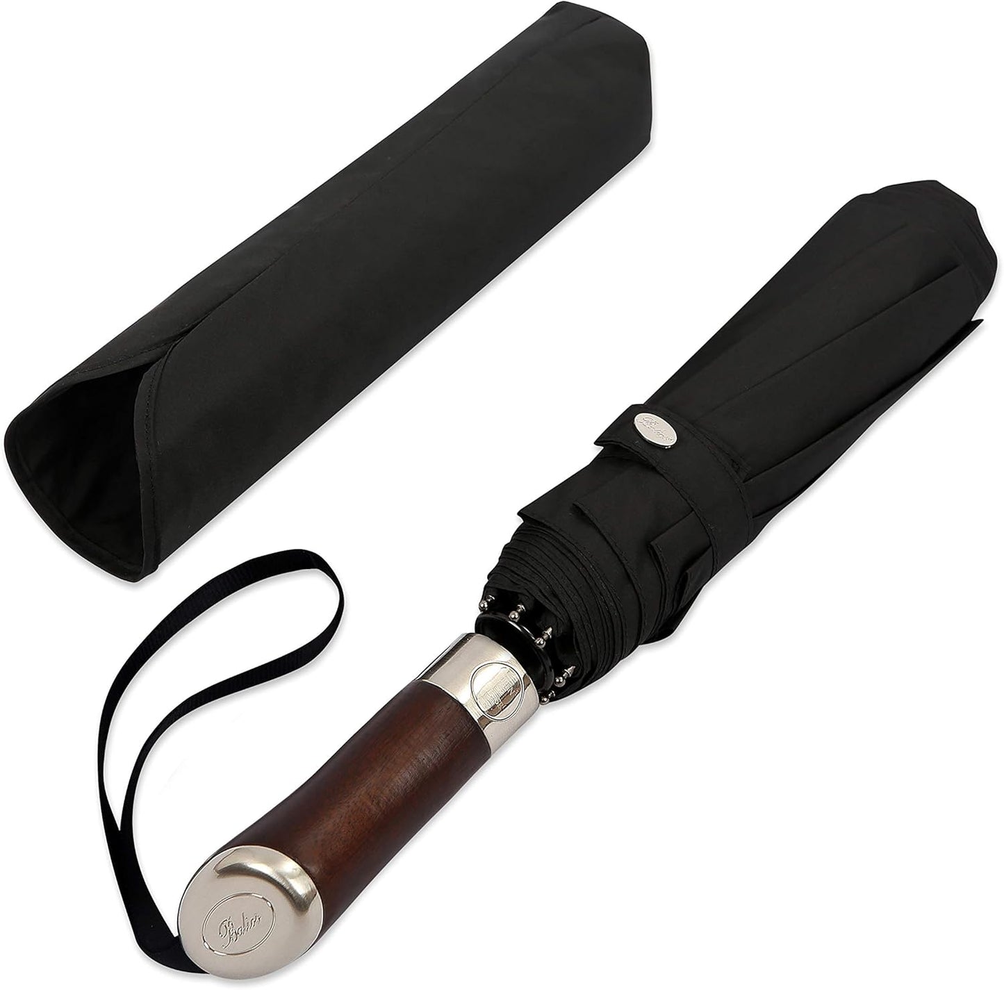 Balios (Designed in UK) Travel Umbrella Luxurious Golden Hardwood Handle Auto Open & Close