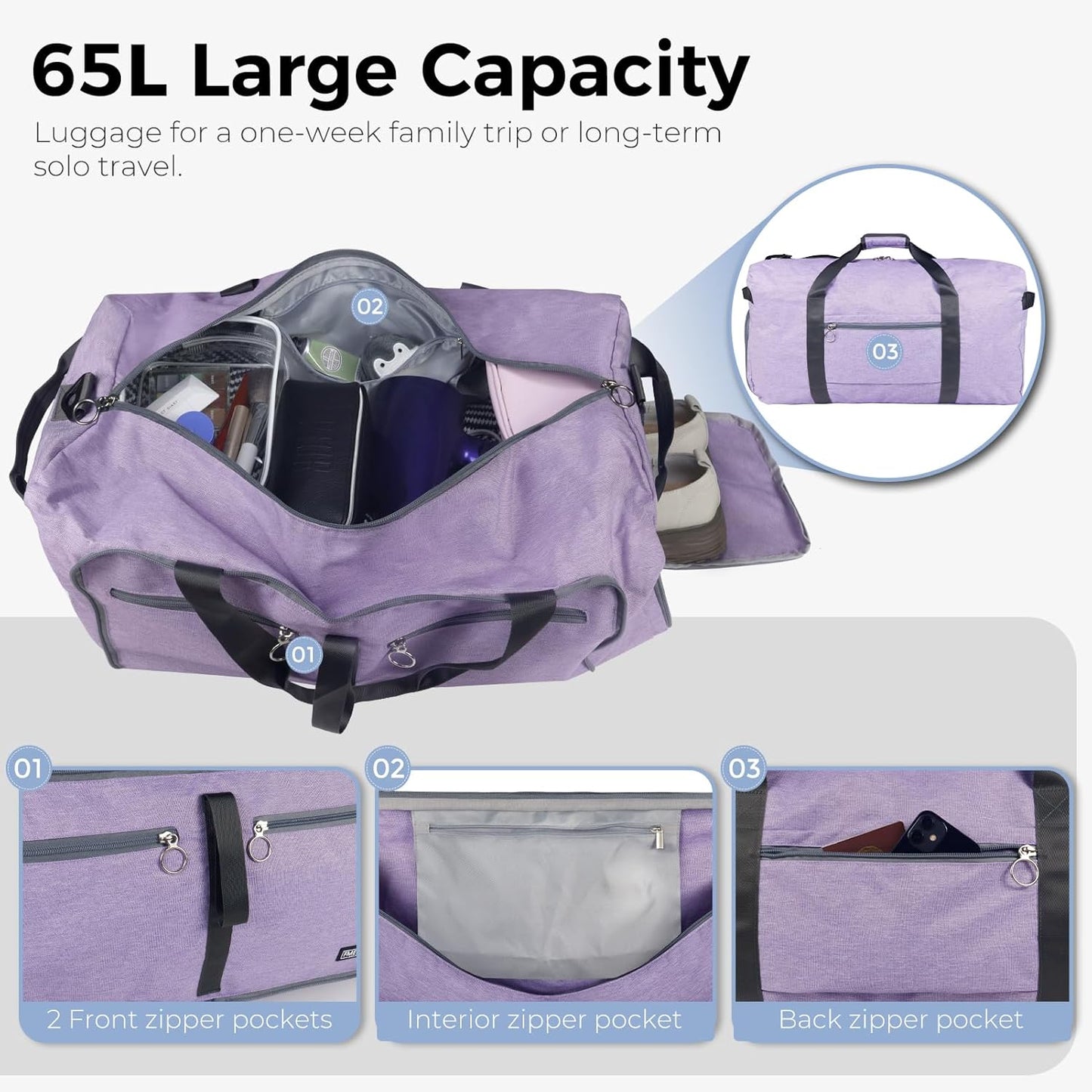 Fmeida 65L Duffle Bag with Shoes Compartment, Foldable Travel Duffel Bags for Men Women, Large Packable Travel Bag Water Repellent & Tear Resistant (Purple)