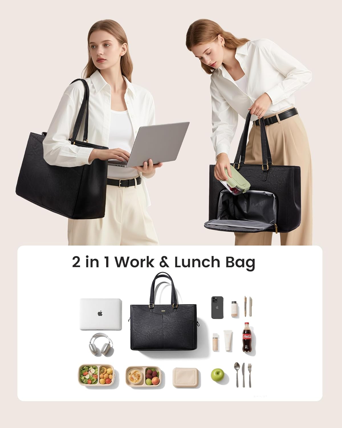 LOVEVOOK Lunch Bag, Tote Bag for Women with Insulated Lunch Compartment, Laptop Work Tote Bag for Teacher, Nurse, Travel, College, Daily,15.6 Inch