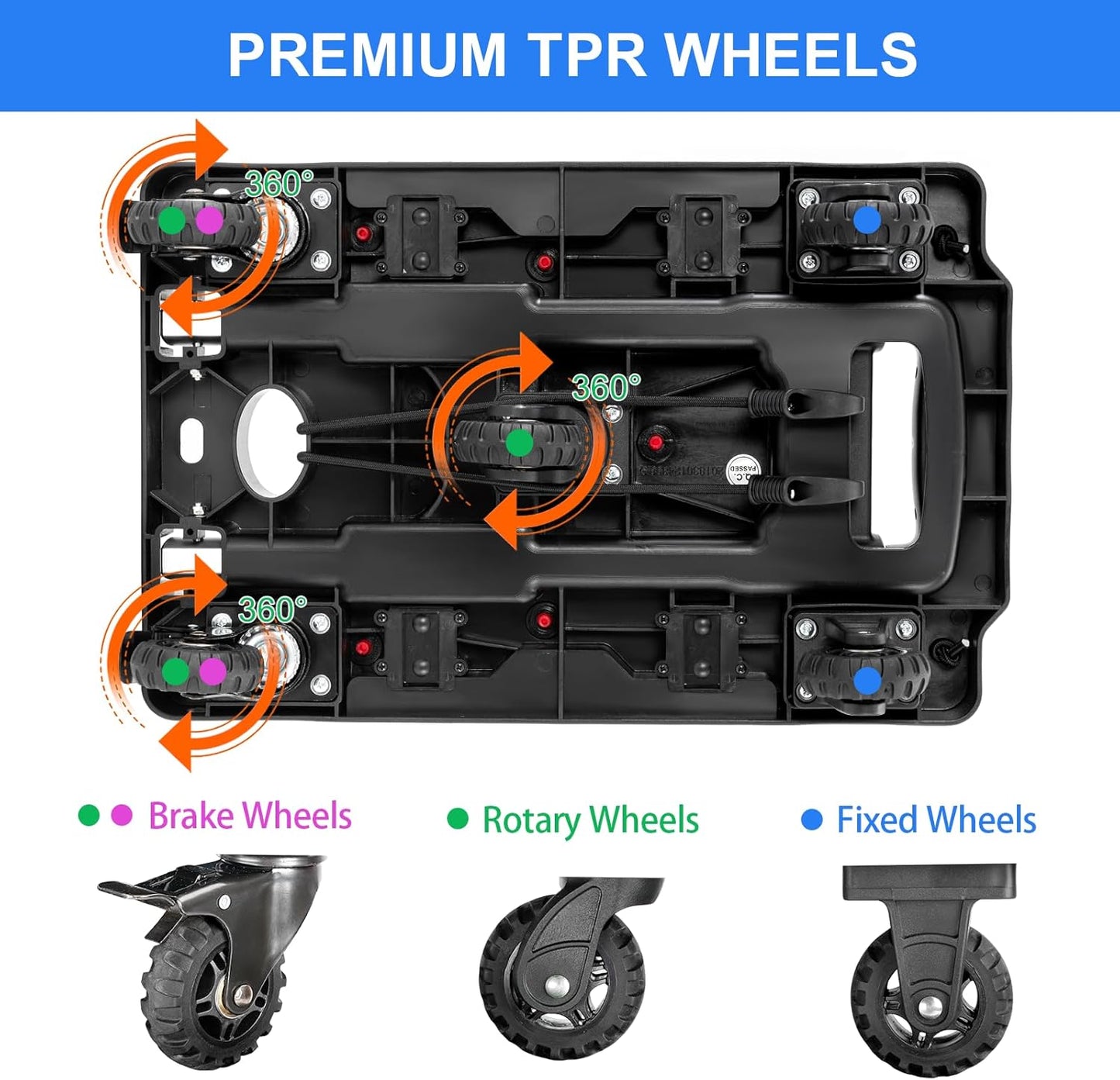 Folding Hand Truck, 330 Lbs Foldable Hand Truck Dolly Cart Heavy Duty Collapsible Trolley Portable Platform Luggage Cart with 5 Wheels & 2 Elastic Ropes for Moving Travel Home Office