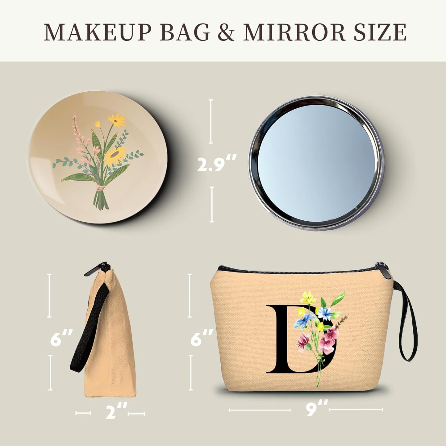Women Birthday Maid of Honor Monogrammed Gifts for Bride Bridesmaid Sister Friend Her Teacher Makeup Cosmetic Bag with Mirror Mothers Day Christmas Graduation D