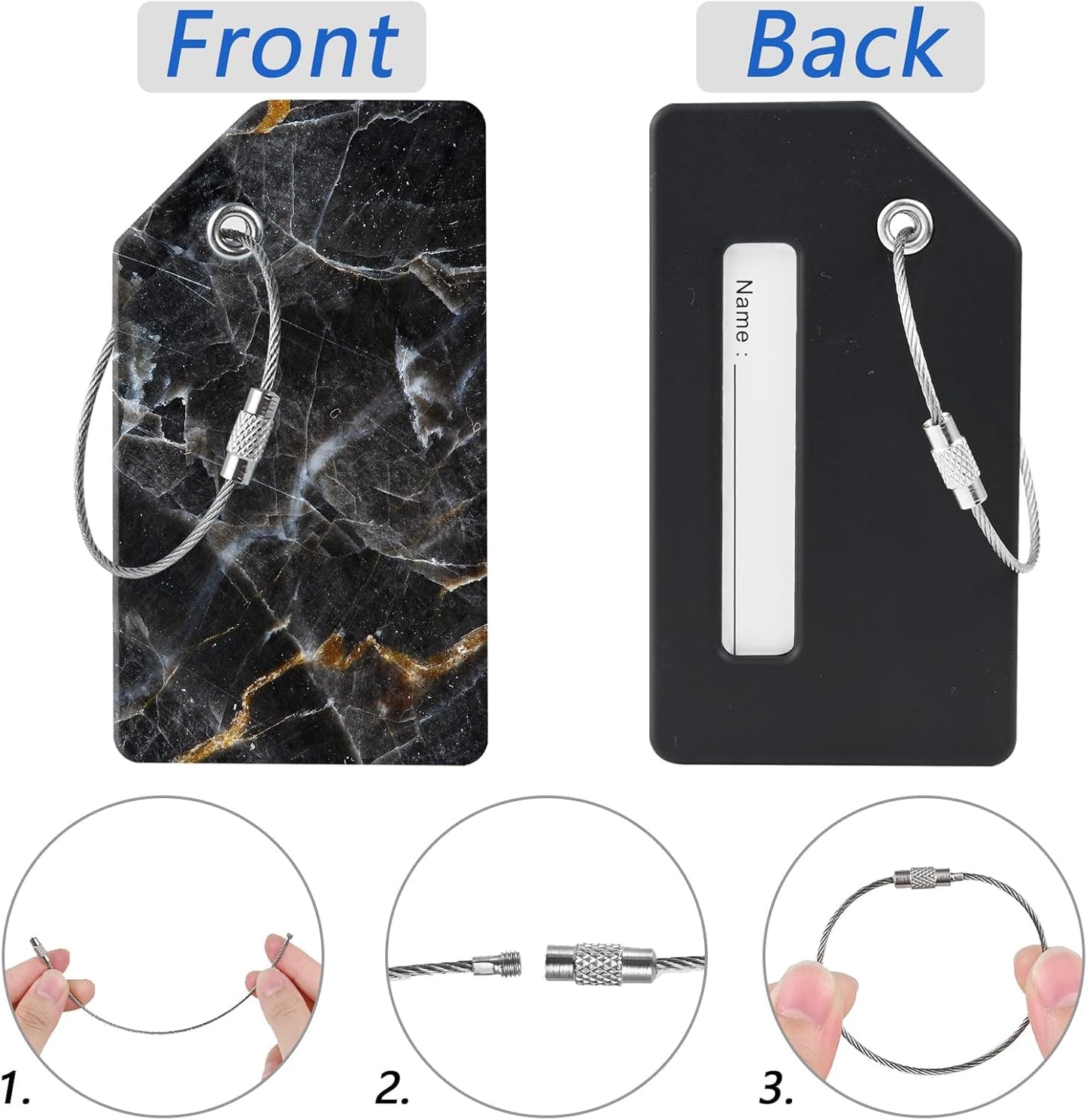 2 Luggage Tags, (1" Smaller Than Traditional) Perfect for Quick Luggage Identification with Stainless Steel Ring and Address Card for Travel and Luggage (Black Marble)