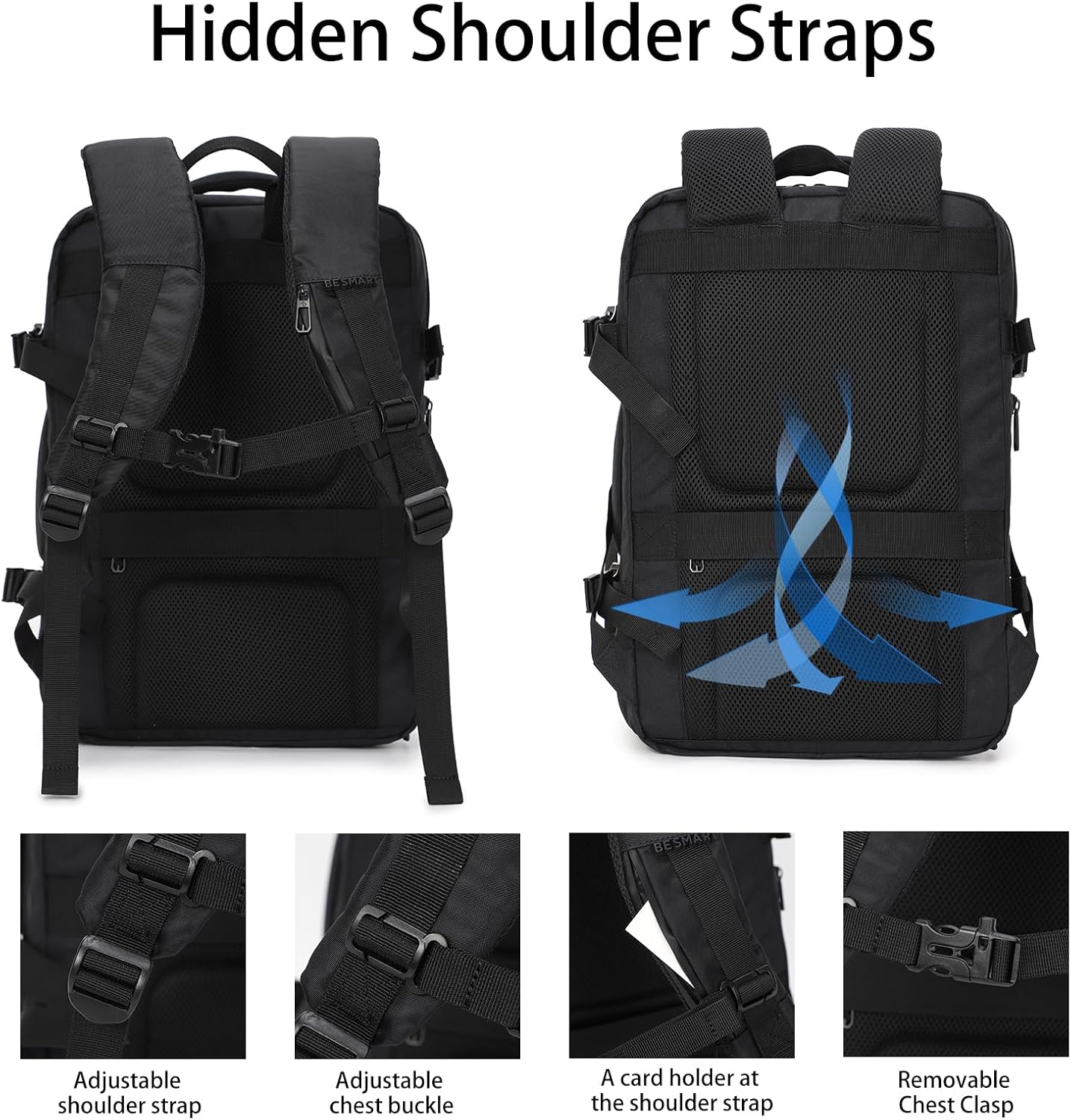 BESMART 50L Large Extendable Travel Backpack for Men Women, Flight Approved Carry on Backpacks fits 17”Laptop, TSA Waterproof Bags with USB Charger Port/Washbag Cube/Anti-Thief Bag/Luggage sleeve