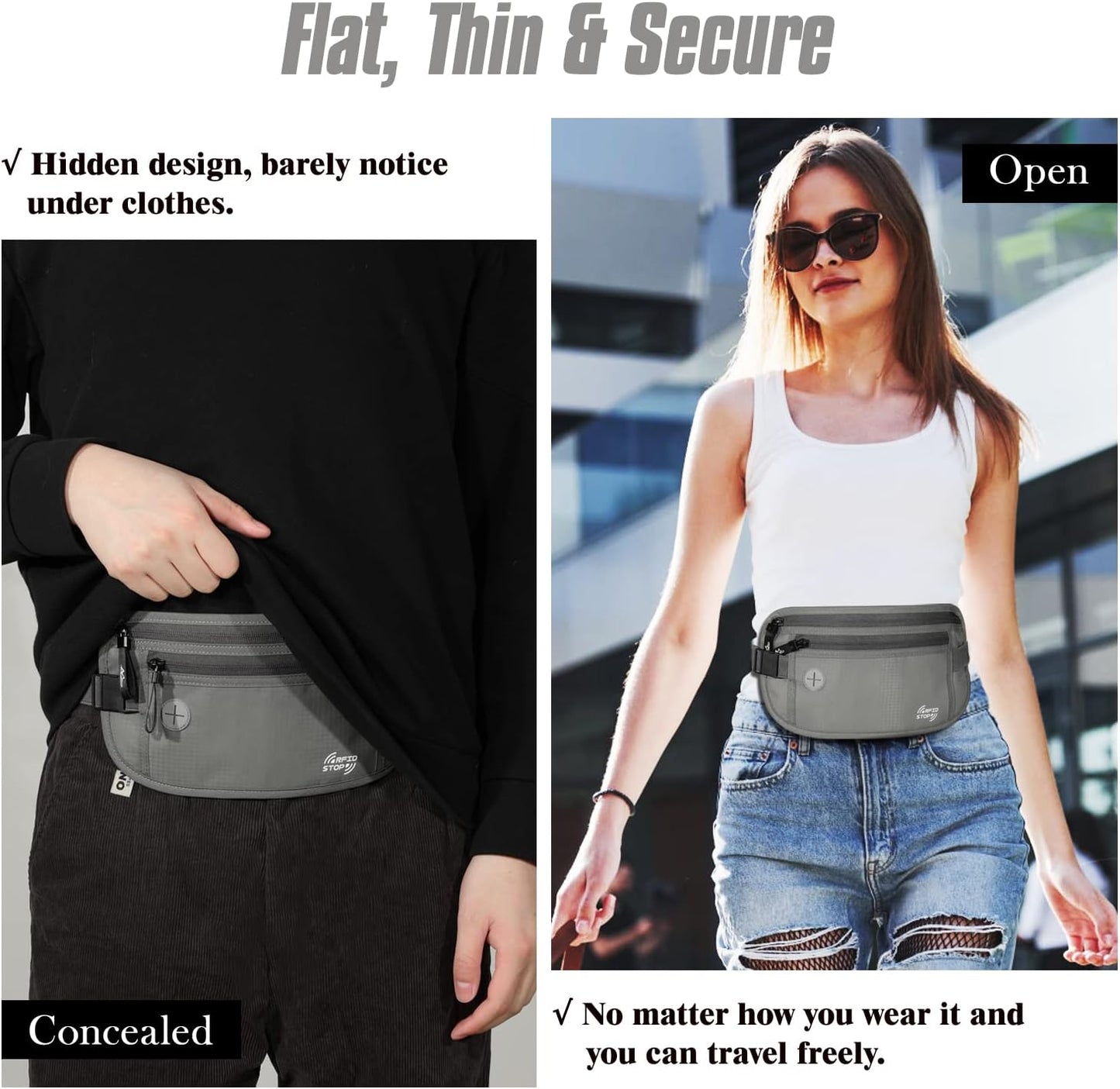 MoKo Secure Travel Money Belt, Undercover Hidden RFID Blocking Travel Wallet, Anti-Theft Passport Wallets for Men Women