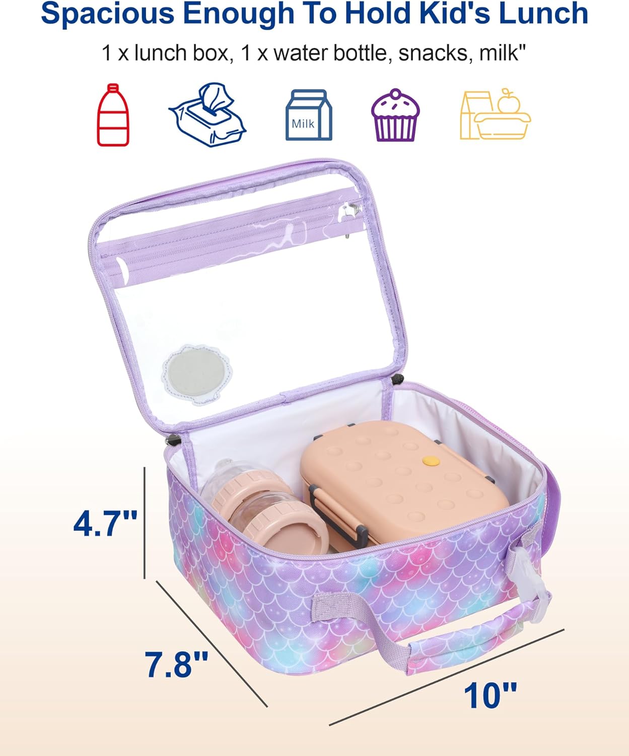 Bagseri 2pcs Clear Backpack for Girls - 15 Inch Backpack with Clear Lunch Bag, Heavy Duty Transparent Bookbag for School, See Through Bag for Kids Aged 3 to 8, Purple Mermaid