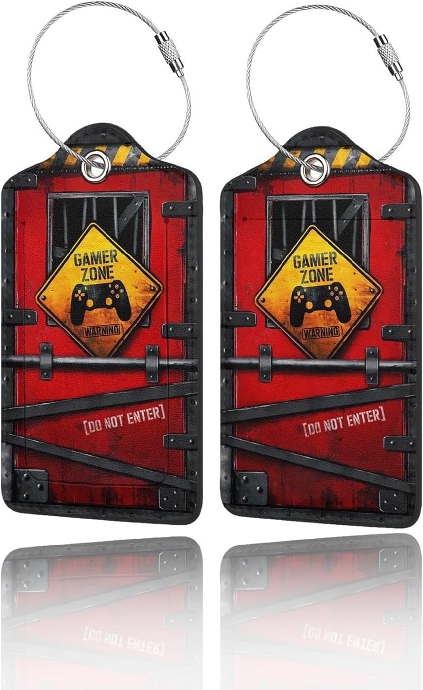 2 Pack Luggage Tags for Suitcase, Privacy Cover ID Label with Stainless Steel and Address Card for Travel Bag Backpack Cruise Ship Essentials Tag Men Boys - Gamer Zone Warning Do not Enter