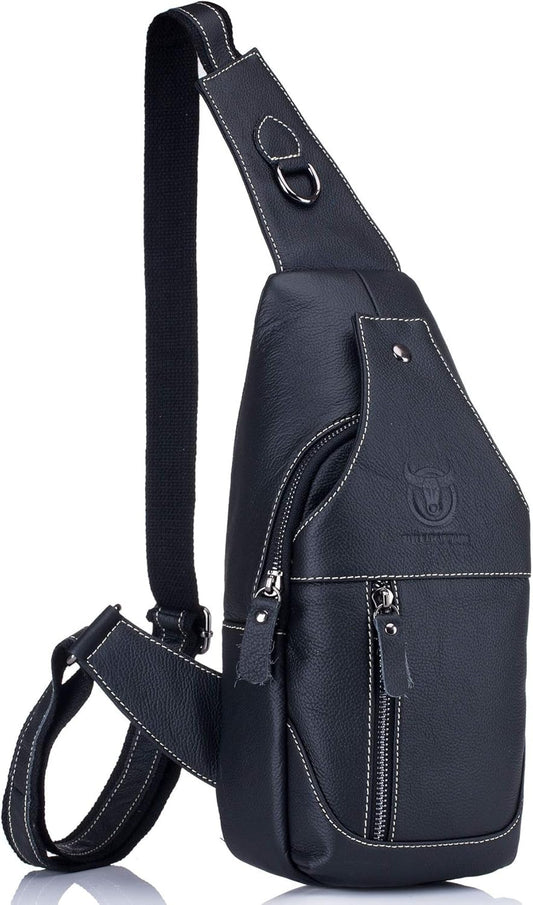 BULLCAPTAIN Genuine Leather Men Sling Crossbody Bag Multi-pocket Chest Bag Casual Travel Hiking Sling Backpack with Earphone Hole (Black)