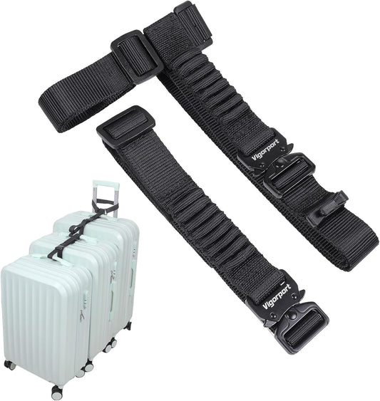 Vigorport Luggage Straps, Metal Luggage Connector Straps for Suitcases, Stretchable Add a Bag Adjustable Accessories Travel Belts (Black, Normal)