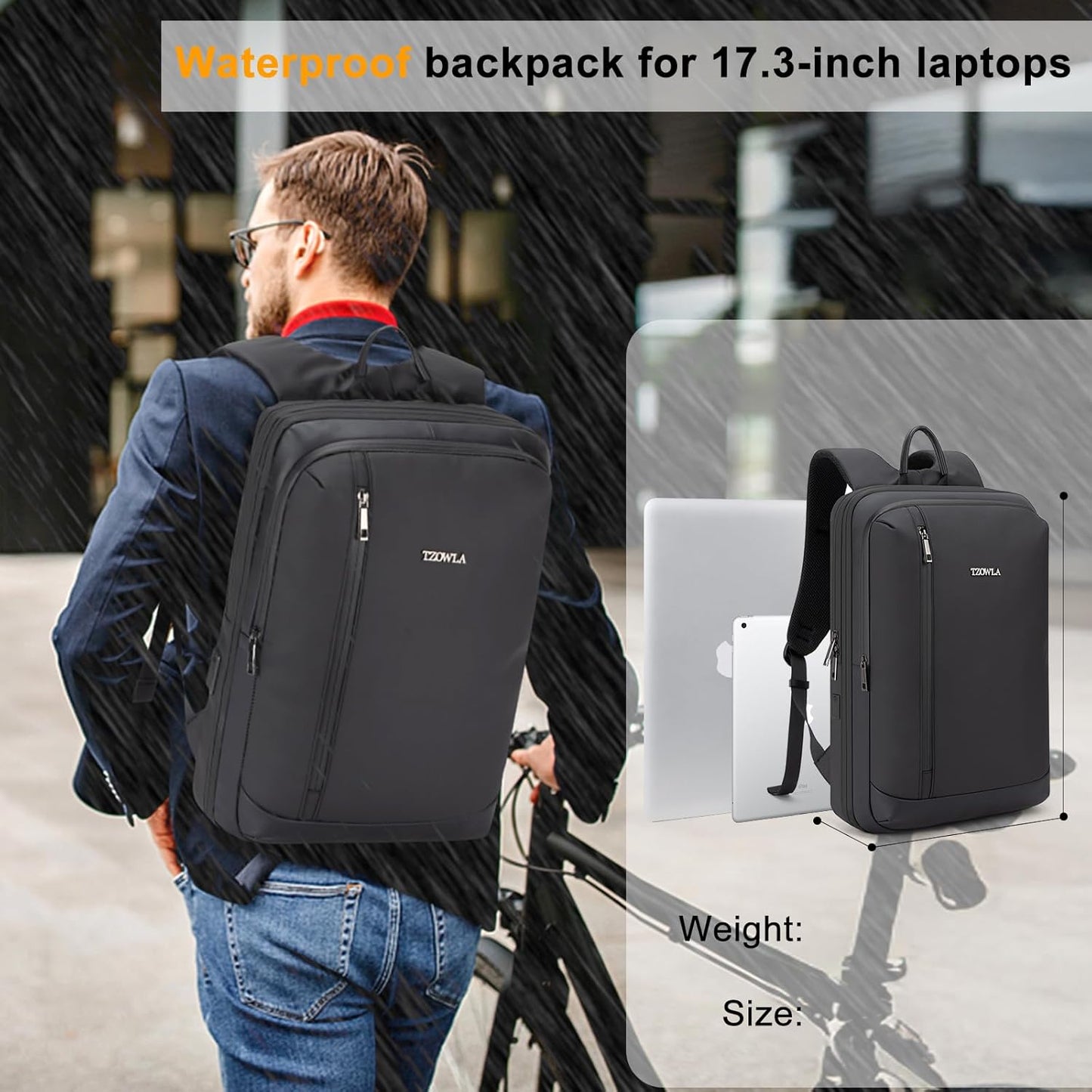 Tzowla Business Expandable Laptop Backpack for Men Professional,Slim Waterproof Backpacks for Travel/Work/Office/College with USB/Type C Charging Port,Lightweight Bag Fit 17.3 Inch Notebook(Black)