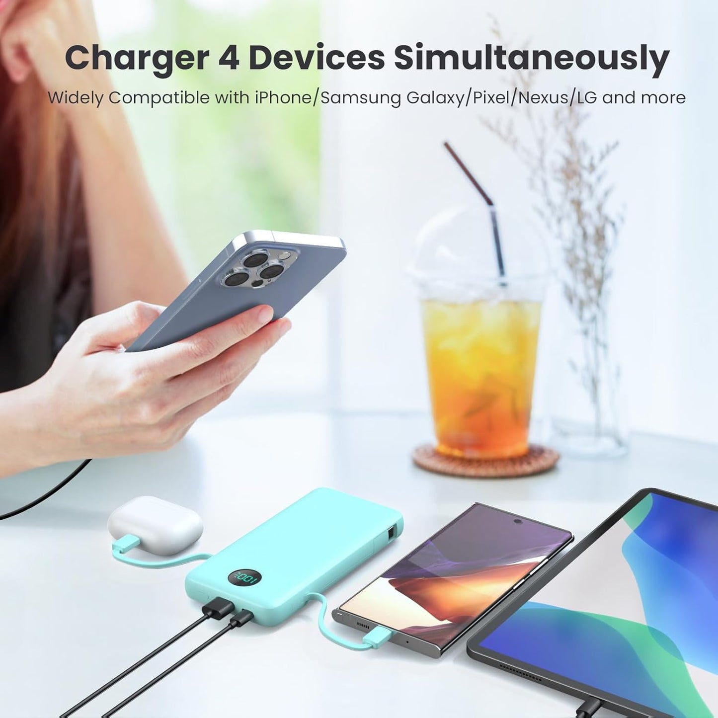 Portable Charger 13800mAh Slim USB C Power Bank with Built in Cables and Wall Plug,LCD Display Lightweight Travel Battery Pack,PD Fast Charging Compatible with iPhone 17,16,Samsung Android-Green