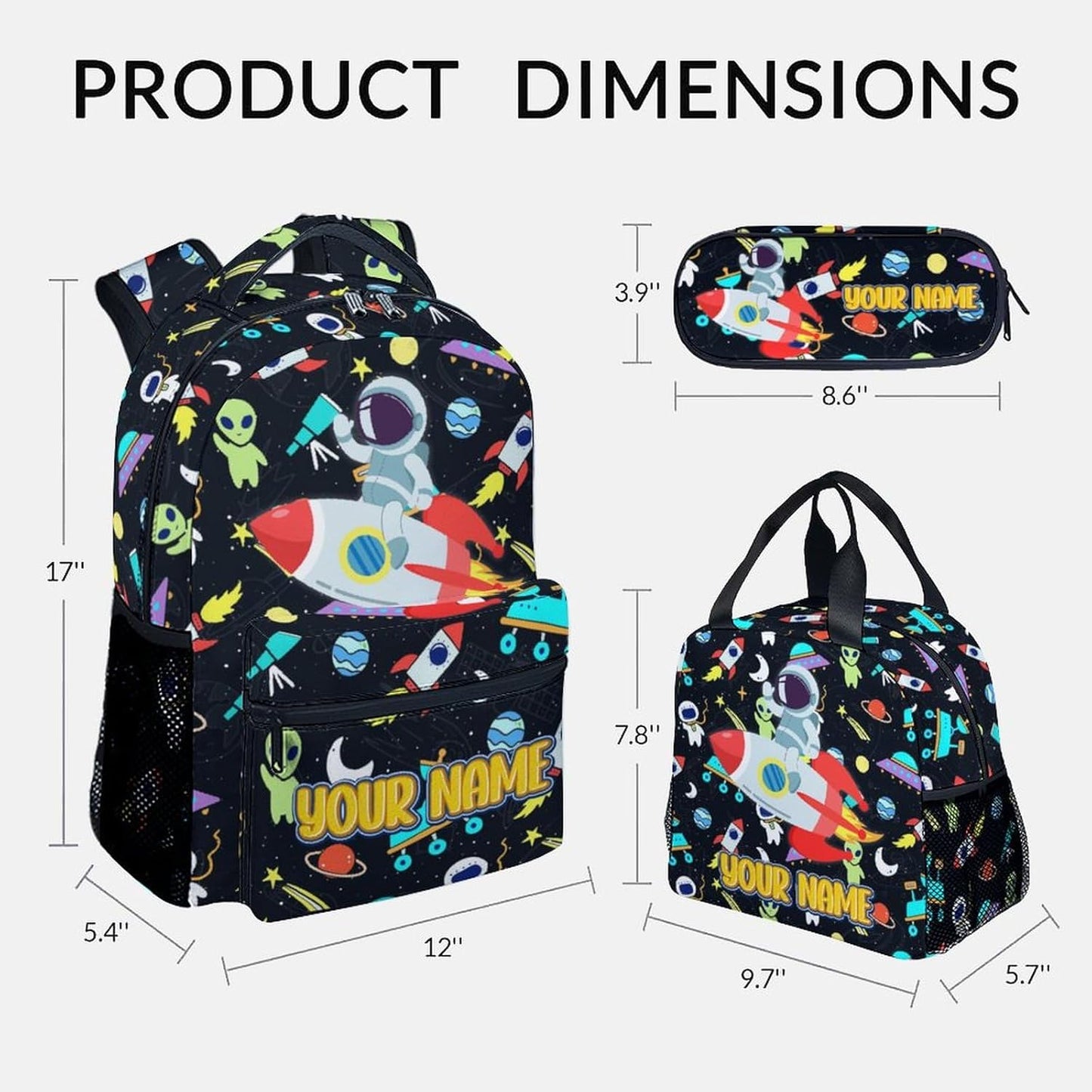Backpack and Lunch Box Set for School - 17 Inch Custom Space Backpack Set for Kids - Personalized 3 in 1 Cool Bookbag for Primary Middle