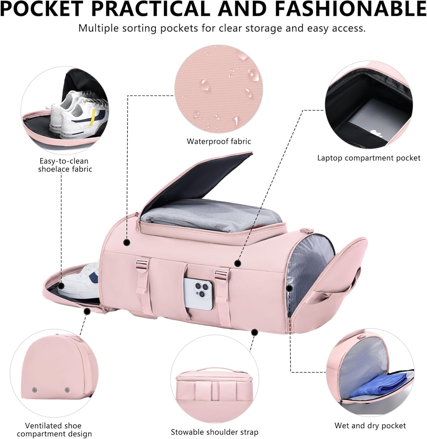 Gym Bag with Shoes Compartment and Wet Pocket - Sports Duffle for Men and Women, Travel Backpack Weekender Overnight Bag Pink- MIYCOO