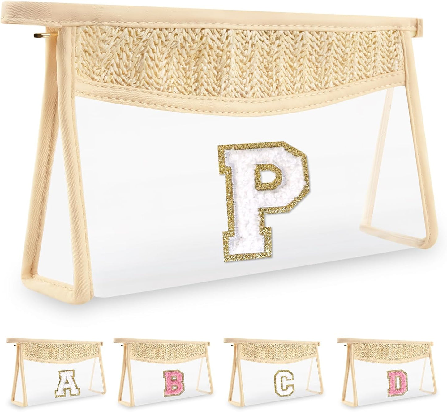 Personalized Initial Letter Bag Boho Straw Clear Makeup Bag,Small Cute Chenille Varsity Letter Pouch With Zipper,Beach Travel Toiletry,Portable Monogrammed Cosmetic Bag for Women Girls,P