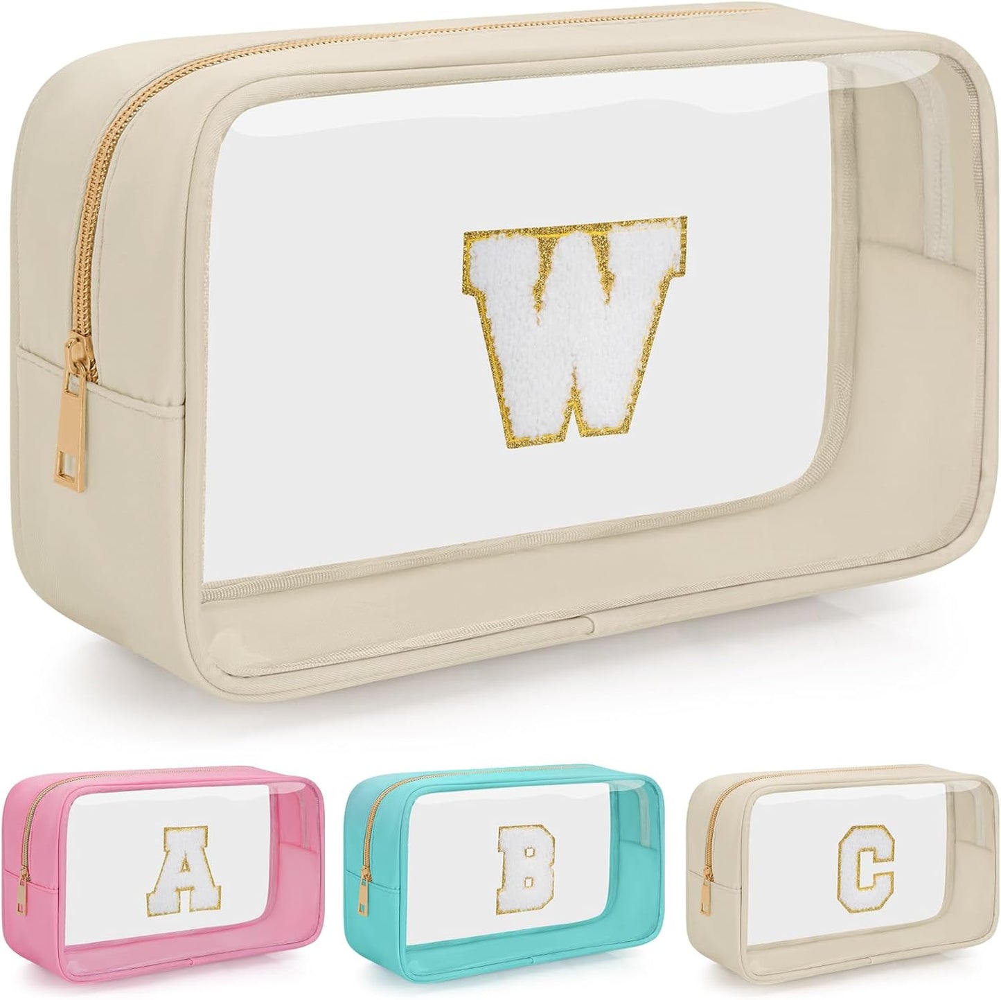 Personalized Initial Clear Makeup Bag, Travel Chenille Patch Cosmetic Bag, Preppy Toiletry Bag Monogram Cosmetic Pouch with Zipper, Ideal Gift for Teen Girls Women (Clear-Beige, W)