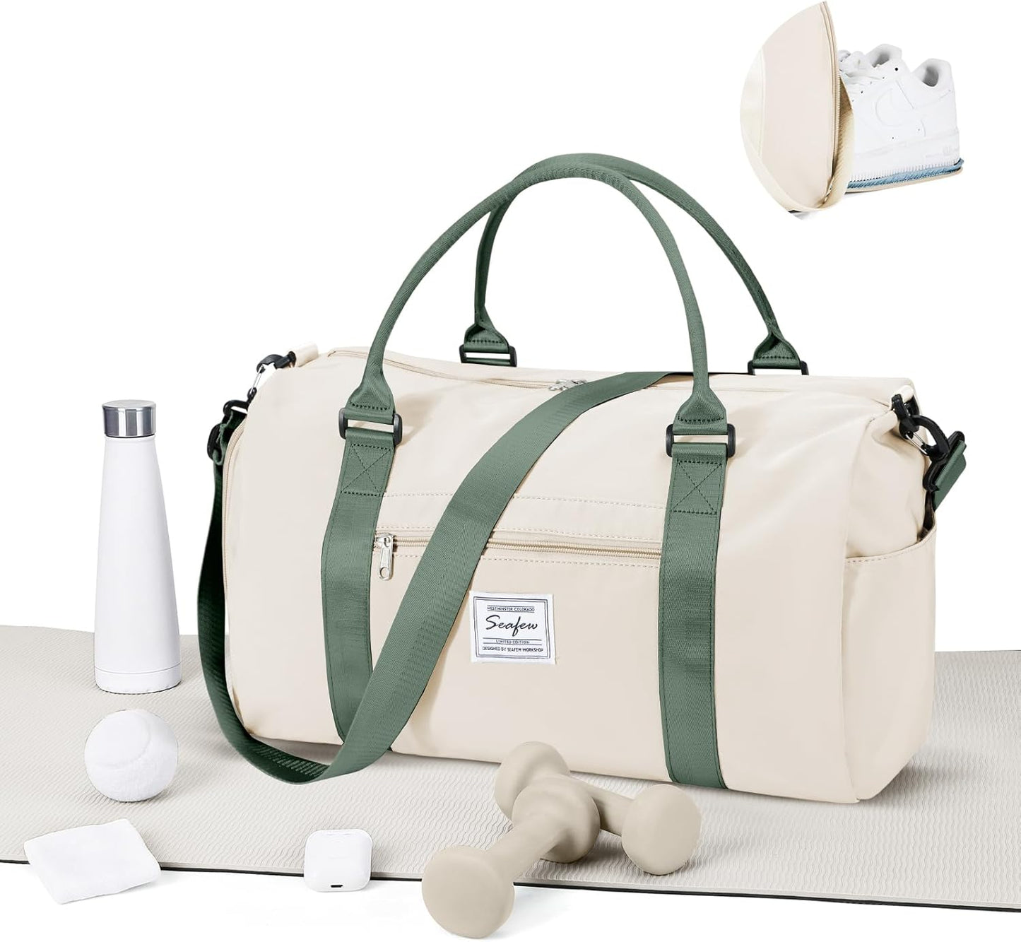Gym Bags for Women Men with Shoes Compartment,Sports Duffle Bags Personal item travel Duffel Tote Bag Small Carry on Weekender Overnight Bag Workout Dance Bag Hospital Holdalls Beige Green