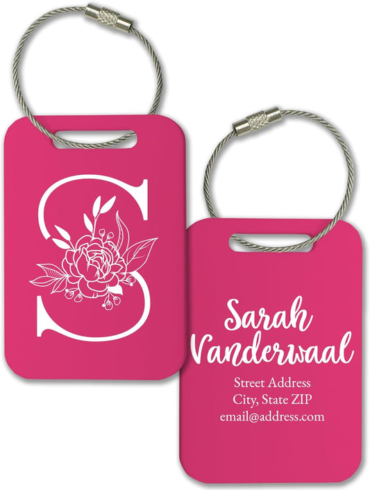 Personalized Monogram Name Tag for Luggage (3 or 6 Count Pack) | Custom Tag for Suitcase | Acrylic Name Tag for Travel | Choose Your Font & Color | Backpack ID Label (Monogram, Hot Pink)
