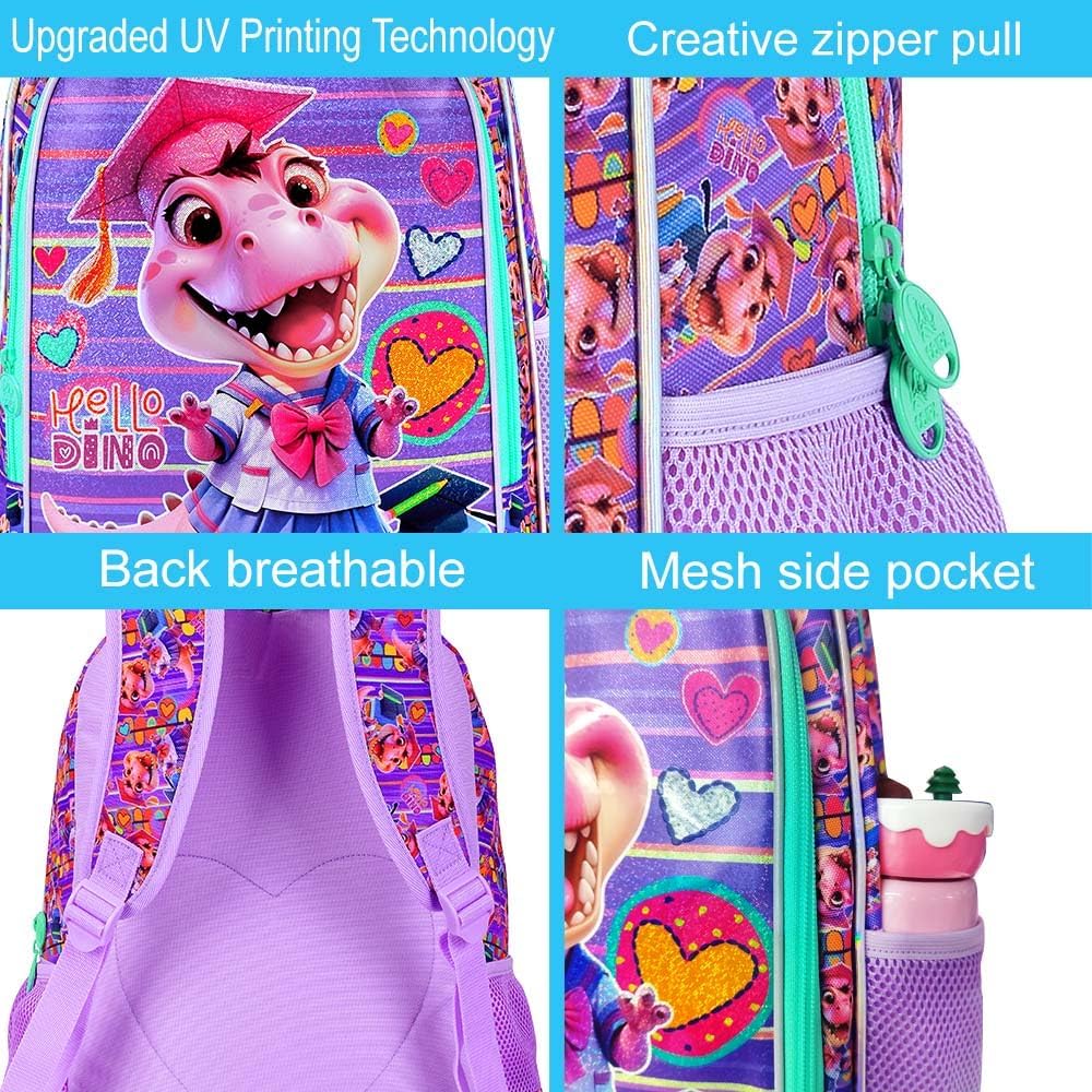 3PCS Girls Dinosaur Backpack, 16" Kids Bookbag with Lunch Box, Water Resistant Elementary Prechool