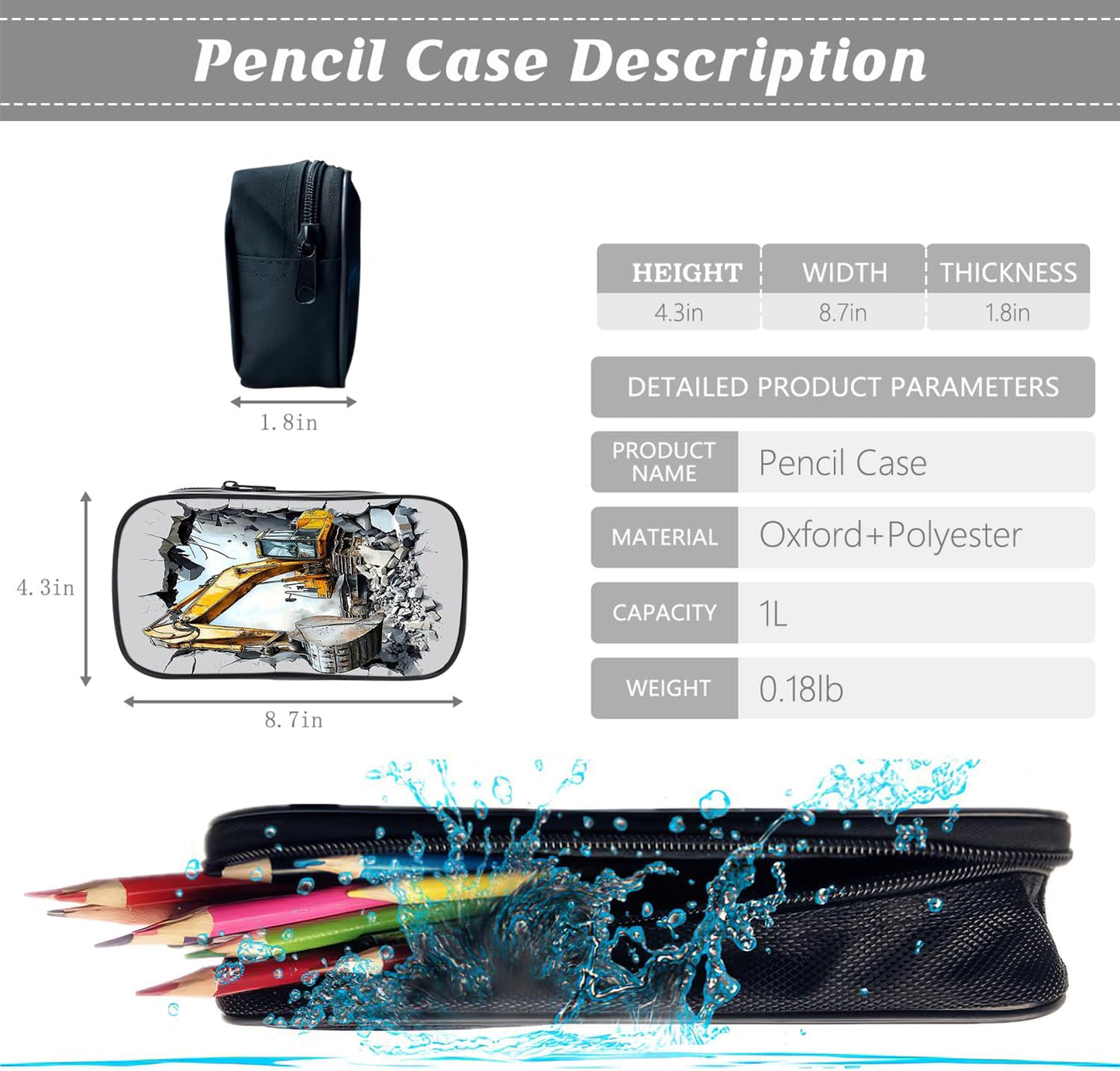 Klymax Construction Backpack Excavator Kids Schoolbag with Lunch Box Bag Pencil Bag 3pcs Bookbag Sets for Boys Girls