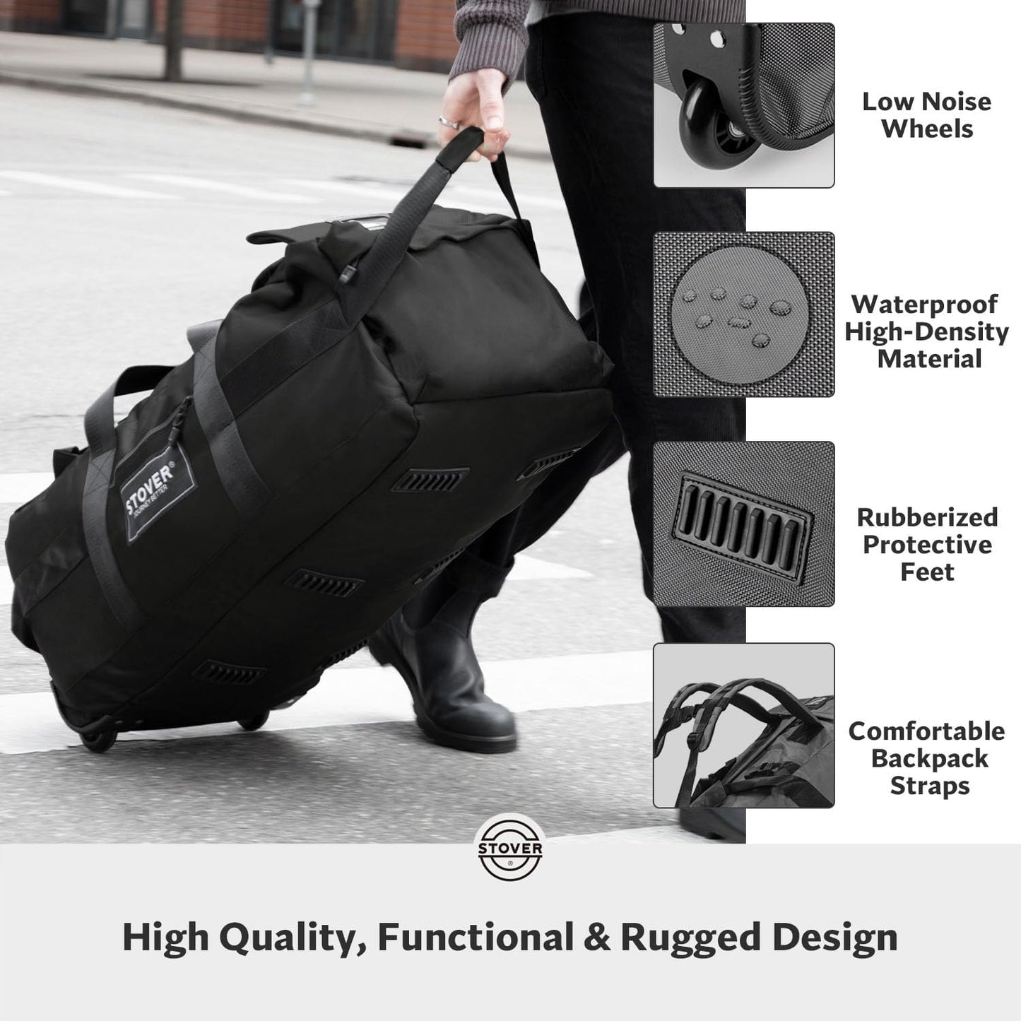 STOVER 80L Rolling Duffel Bag with Wheels, Large Durable Travel Duffle + Toiletry Bag, Heavy Duty, Packable, Foldable with Shoulder Straps- Use as Luggage or Backpack, Men/Women (Black)