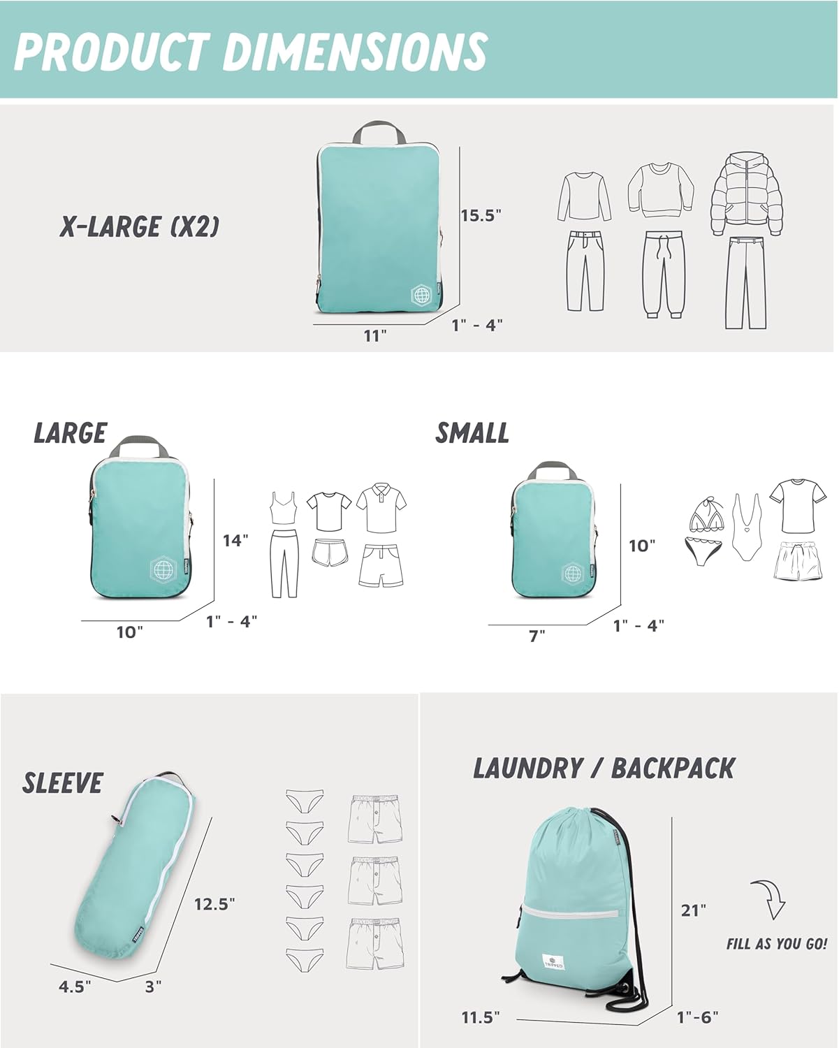 Extra Large Compression Packing Cube 6 Piece Set for Travel and Check Luggage by TRIPPED Travel Gear