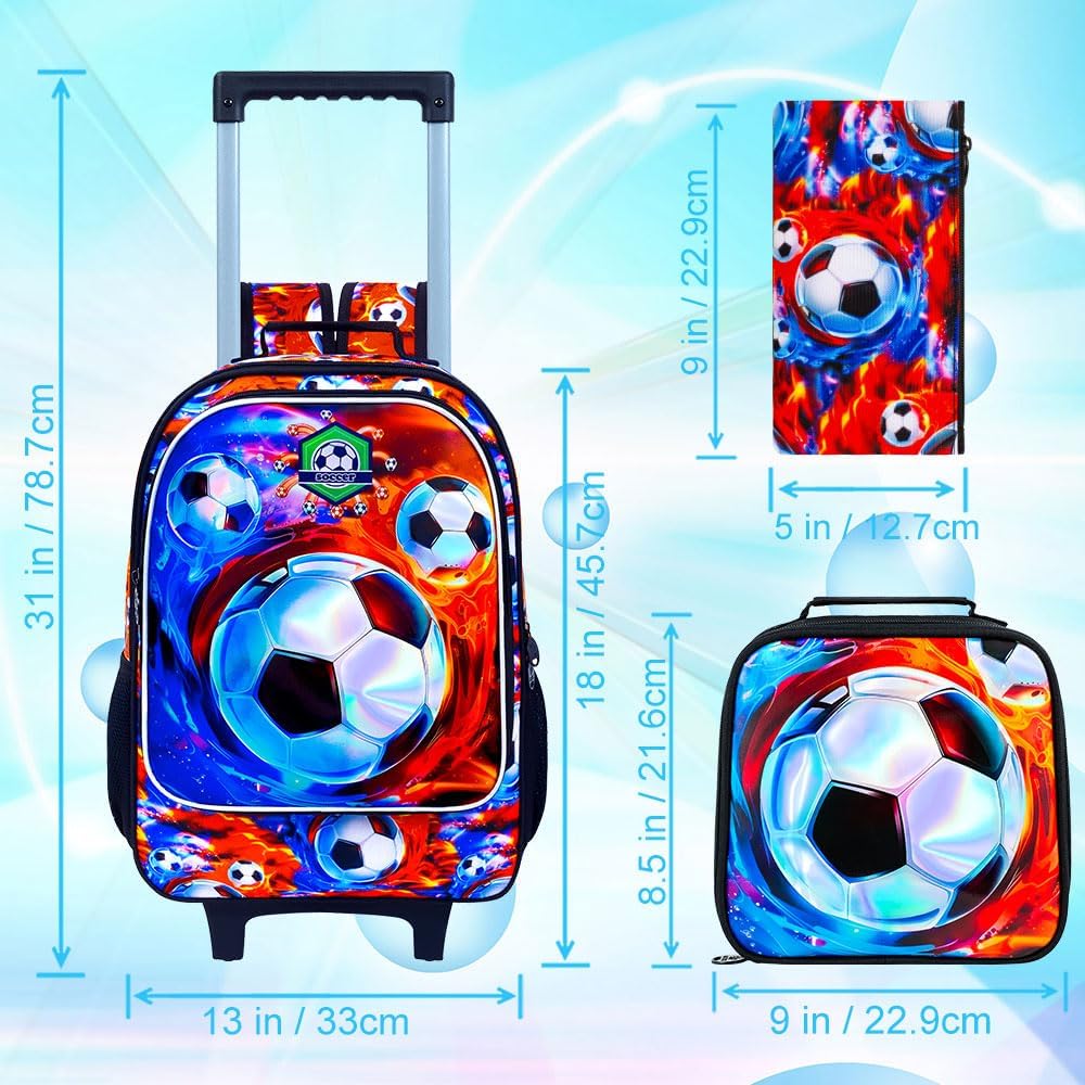 3PCS Rolling Backpack for Boys, Kids Roller Bookbag with Wheels, Soccer Wheeled School Backpack for