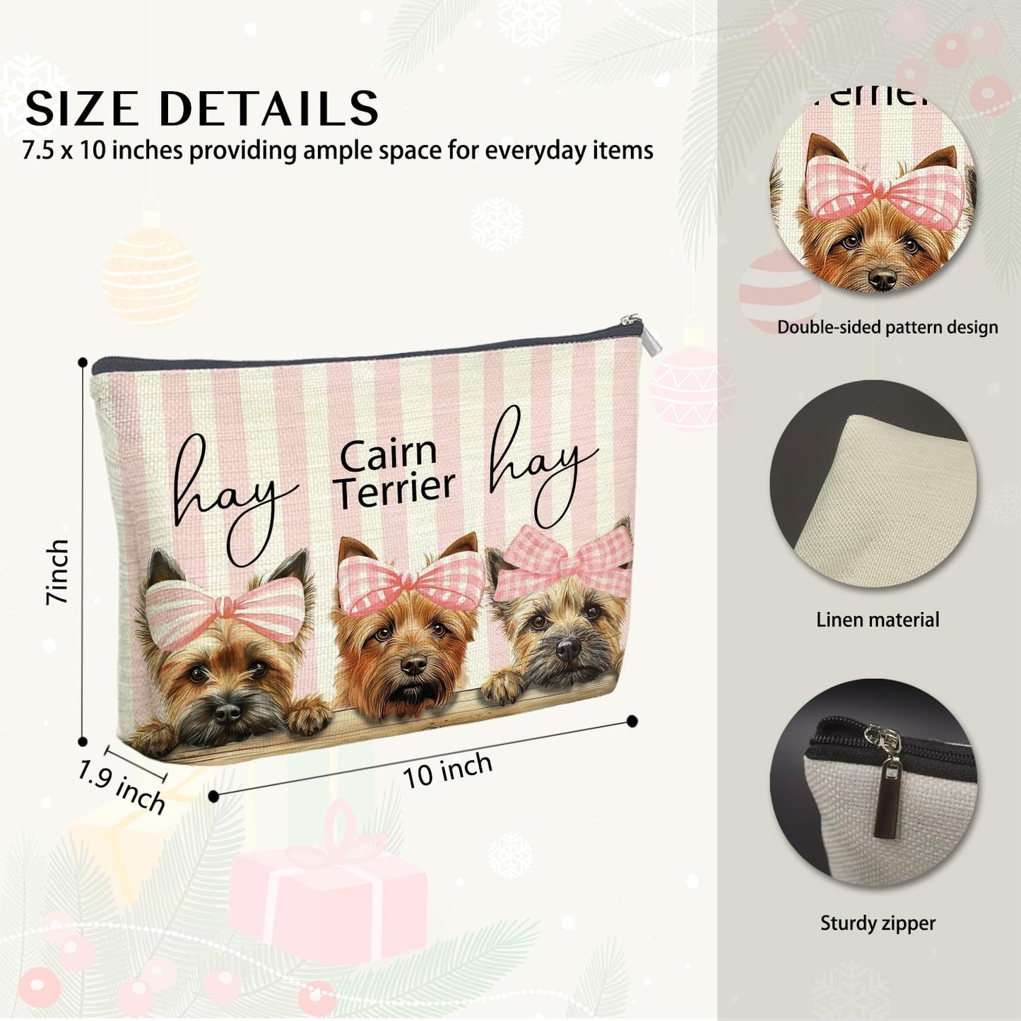 Coquette Pink Bow Cairn Terrier Makeup Bag Gifts for Women, Preppy Cairn Terrier Cosmetic Bag, Girly Cute Dog Pink Striped Zipper Makeup Pouch Travel Toiletry Bag