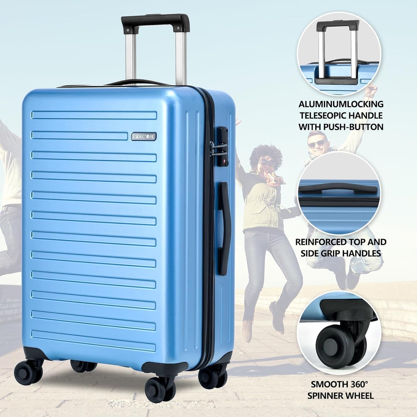 2pcs 20/28" Luggage Set Lightweight HardShell, Only 20 Inch Carry On 21.65*15.35*7.87" Cabin Suitcase with Front Pocket, 28 Inch 19.68*11.81*29.92" Checked Luggage, YKK Zipper, TSA Lock, Blue