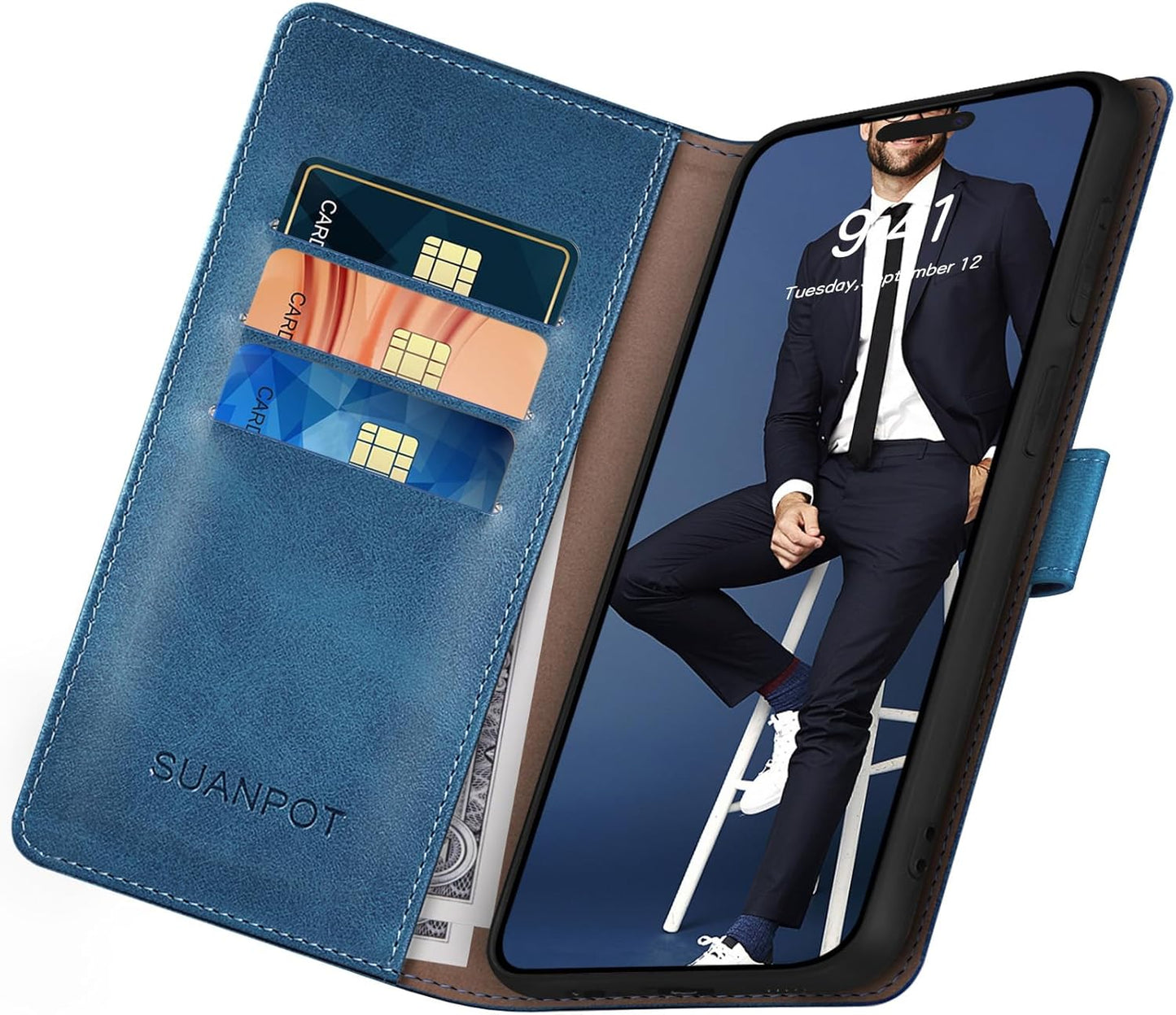 SUANPOT Compatible with iPhone 17 Pro Max 6.9" Wallet case with RFID Blocking Credit Card Holder,Flip Book PU Leather Protective Cover Women Men for Apple 17 Pro Max Phone case Sky Blue