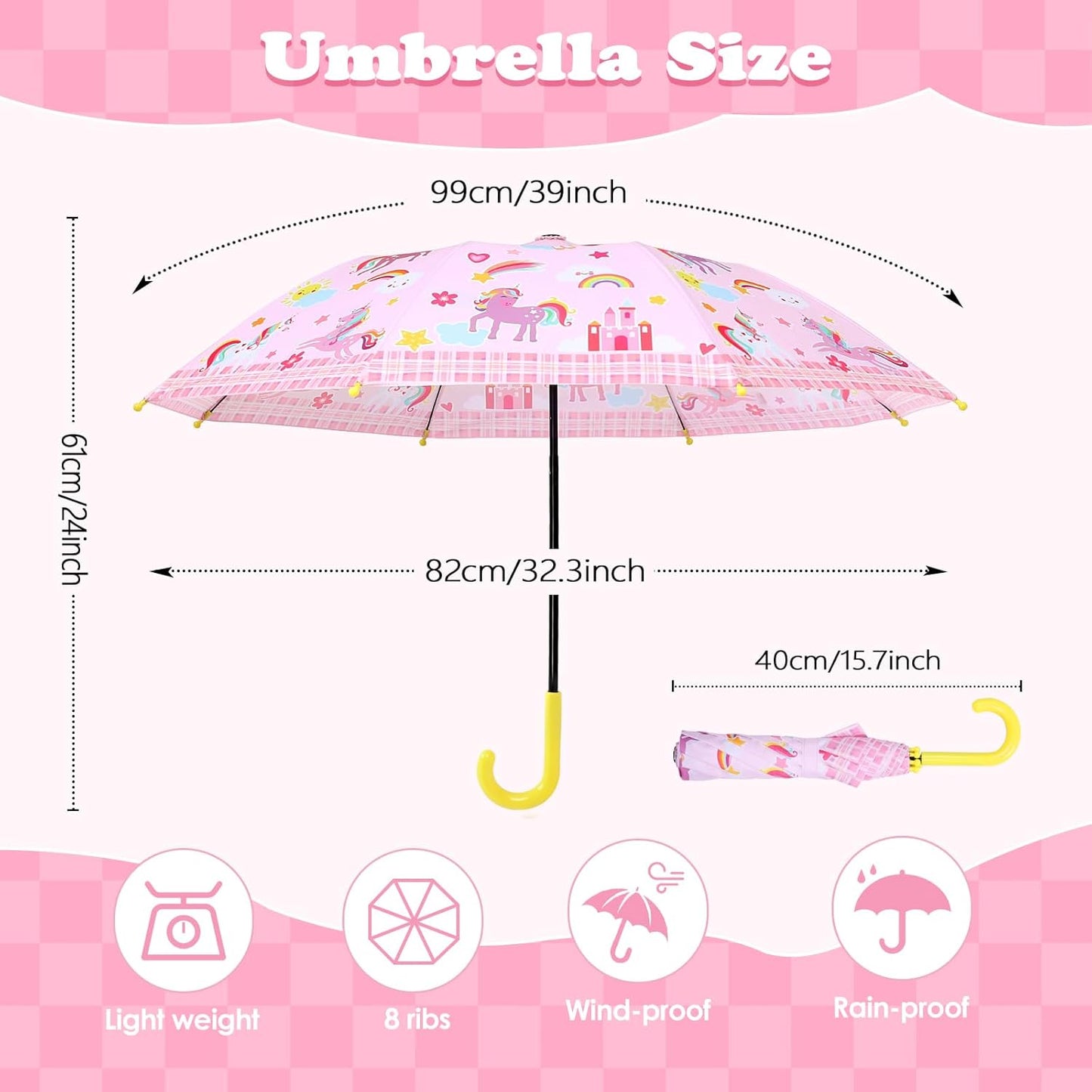 Kids Umbrella, Safety Windproof Umbrella with Easy-Grip Hook Handle for Toddler Girls and Boys