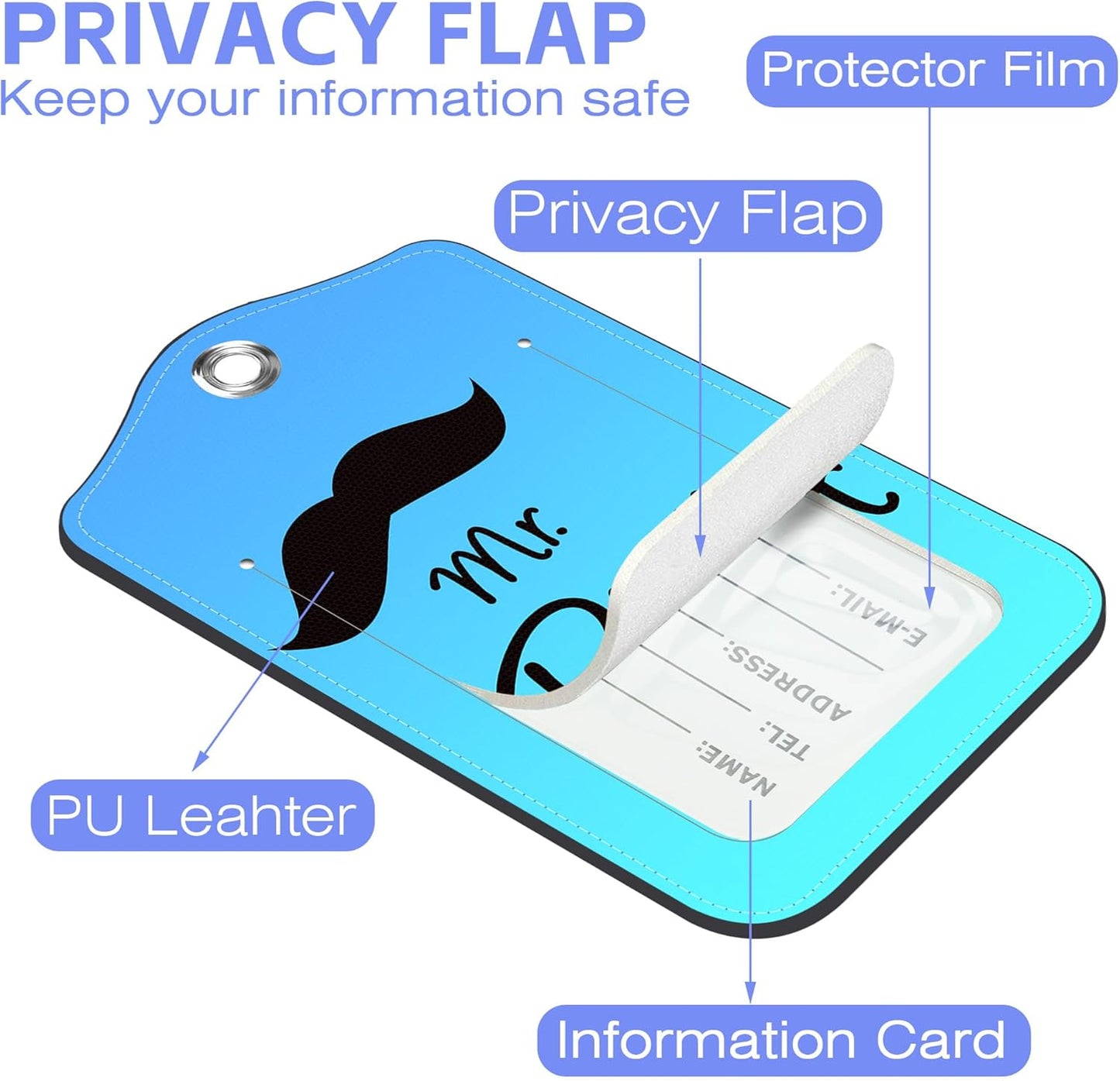 2 Pack Luggage Tags for suitcases Mr and Mrs Leather Luggage Tag, Identifiers with Privacy Name ID Label and Metal Loop for Men Women Travel Bag Suitcase