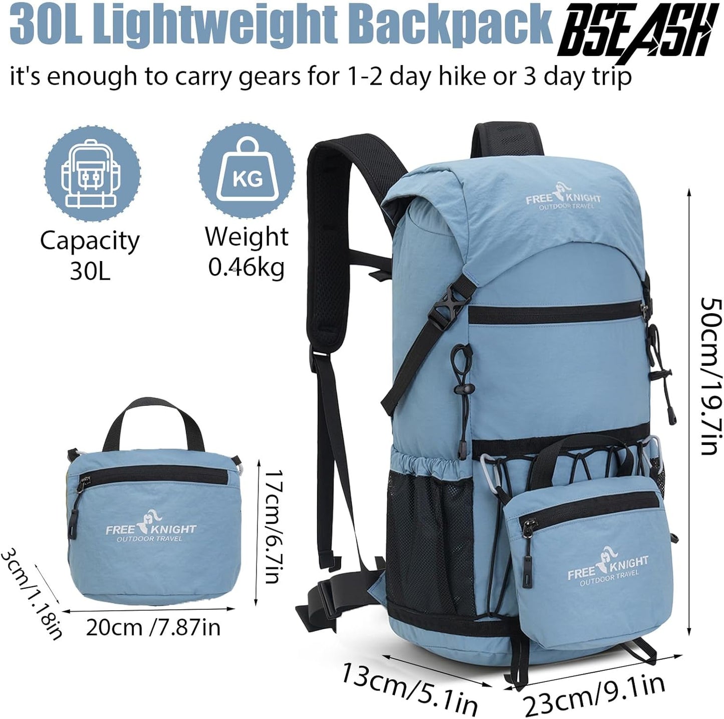 Bseash 30L Lightweight Hiking Backpack, Outdoor Sport Waterproof Travel Bag Daypack for Cycling Climbing Skiing (Light Blue)