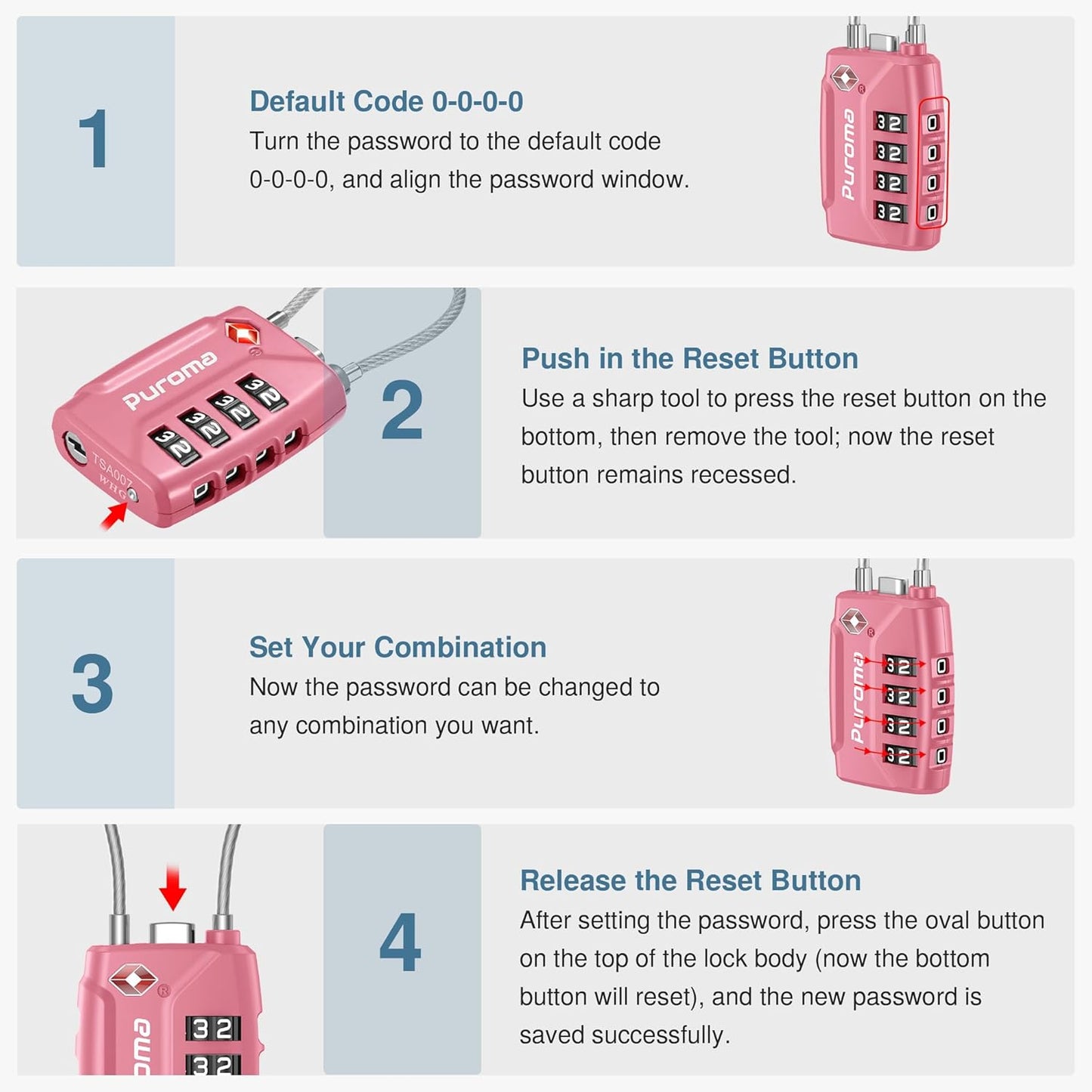 Puroma 2 Pack TSA Approved Luggage Locks, 4 Digit Combination Travel Locks Resettable Code Lock with Zinc Alloy Body for Suitcase, Toolbox, Backpack, Bag, Gym Locker (Rose Pink)