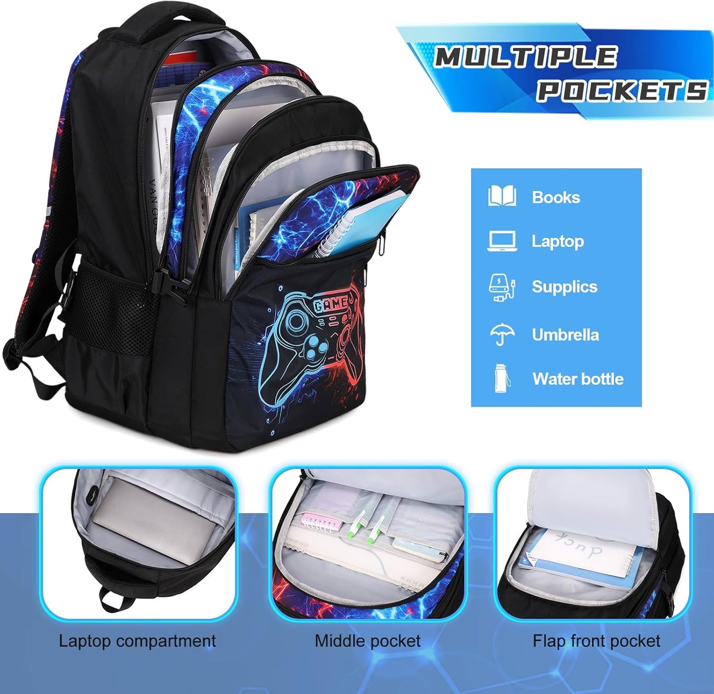 Boys Backpack for School, 3PCS Cool Luminous Gamer Backpack for Boys with Lunch Box Pencil Case, Kids Backpacks Bookbag for Teen Boy Elementary Middle High School with USB Charging Port