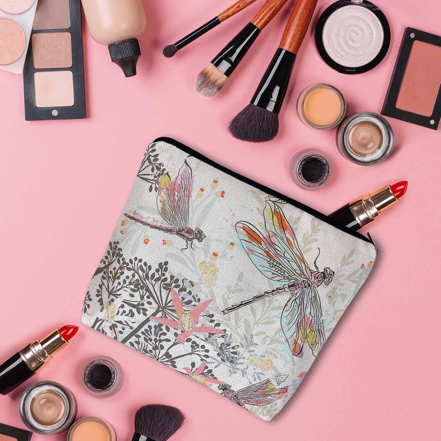 Makeup Bag For Purse Dragonfly, Garden Dragonflies Flowers Nature Cosmetic Bags For Women With Zipper Travel Toiletry Pouch Makeup Bags Makeup Organizers Purse For Toiletries Cosmetics