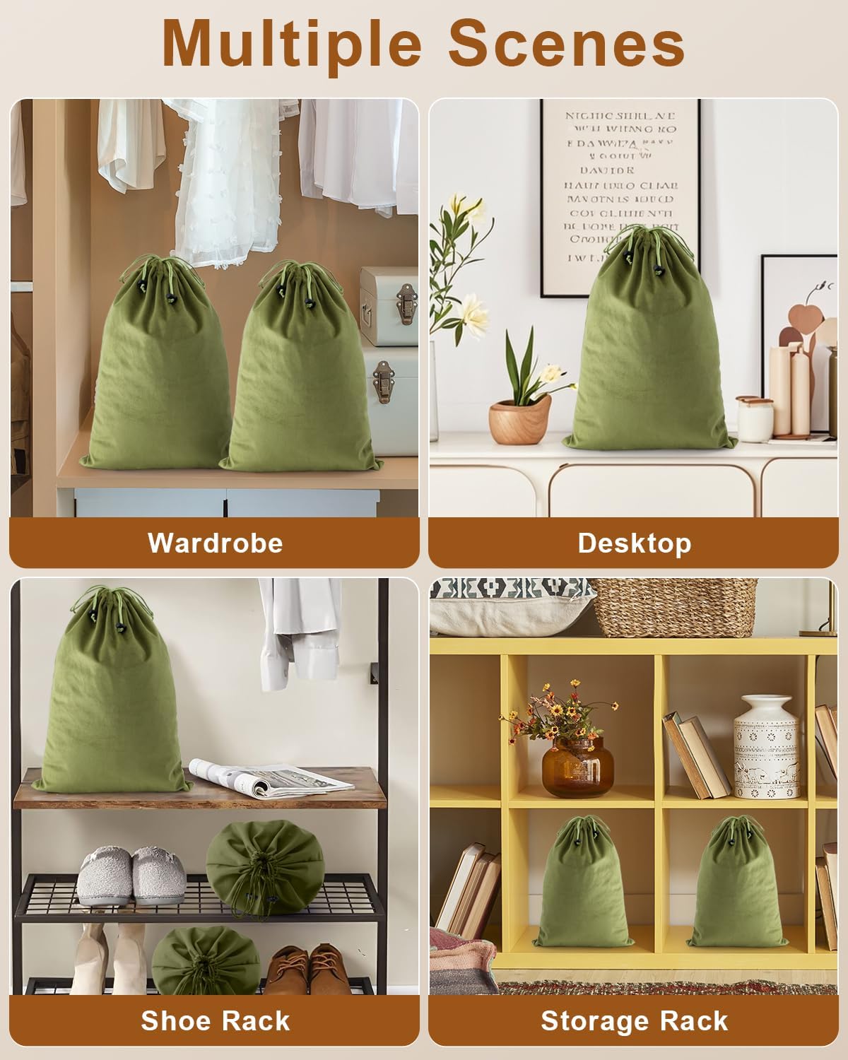FantasyLife Shoe Bags for Travel, 2 PCS Washable Dust Bags for Storage & Packing, Flannel Shoe Pouch with Drawstring Closure for Purses, Handbags, Shoes & Toys (Sage Green)