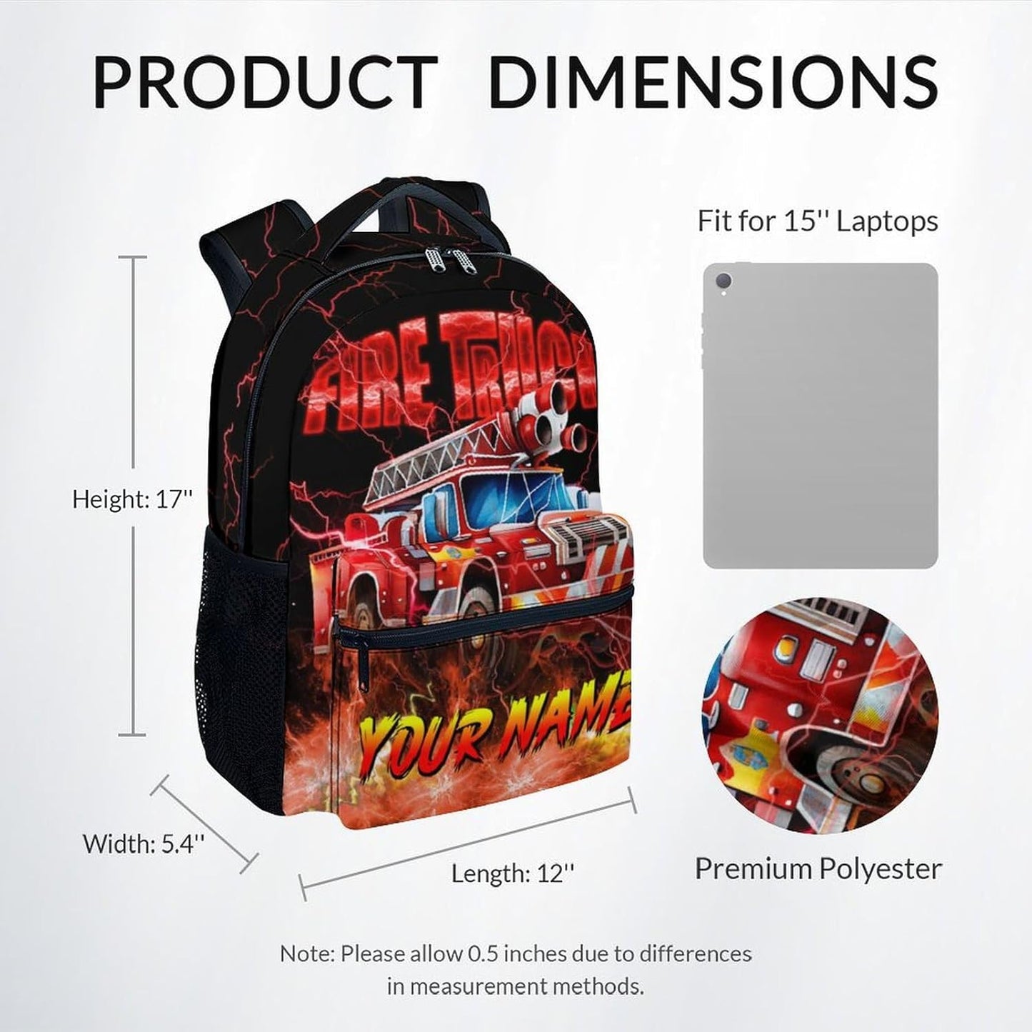 Personalized Backpack for School, Custom Boys Bookbag for Ages 6-8, Fire Truck Backpack with Lightning Print, 17 Inch Preschool Book Bag