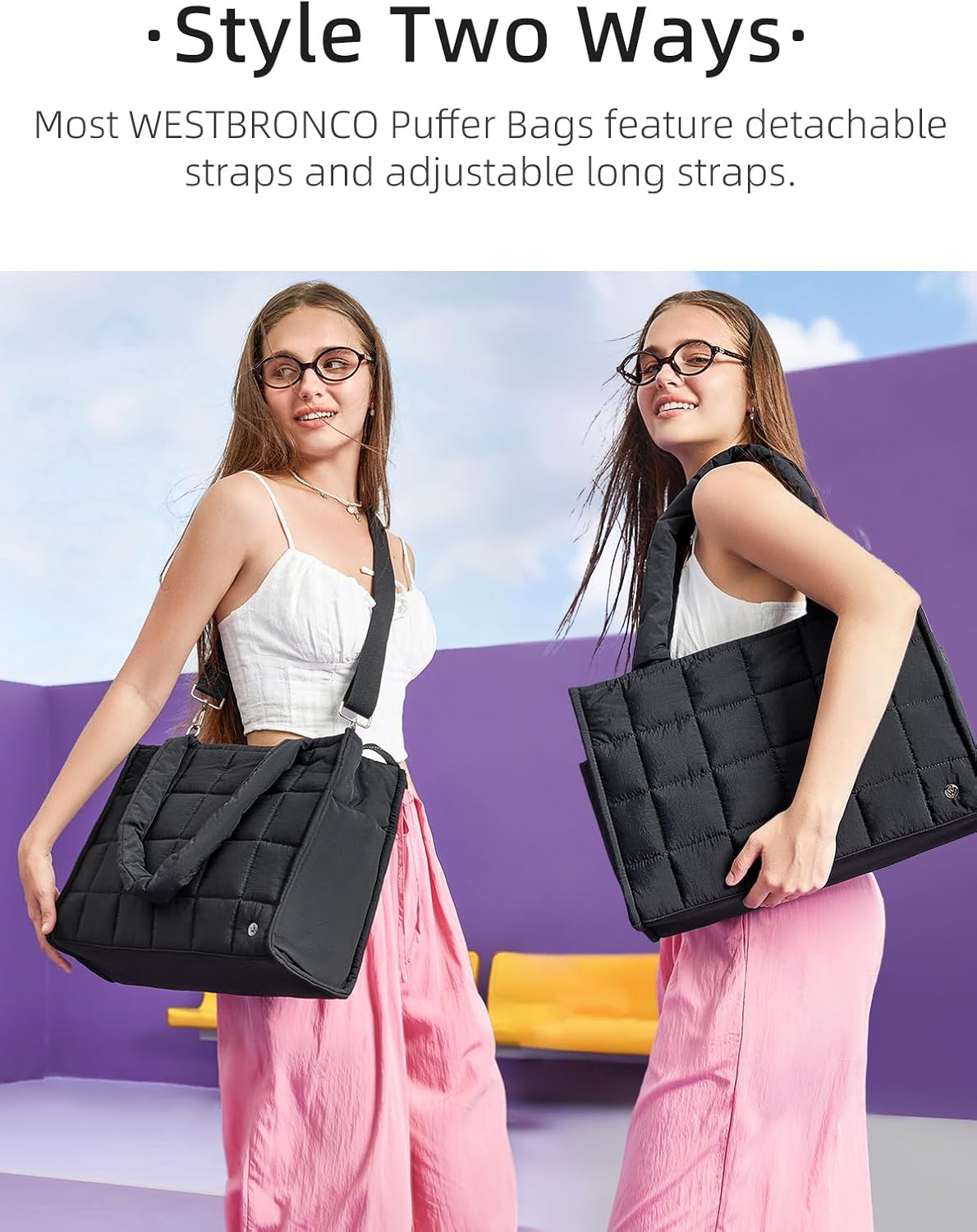 WESTBRONCO Puffer Crossbody bags for Women Puffy Quilted Tote Handbags Nylon Weekender Overnight Bag with Adjustable Strap