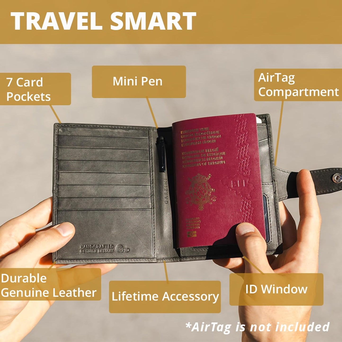 GARZINI Passport Holder with AirTag, Passport Wallet with RFID, Travel Accessories, Travel Document Holder with ID Window, Leather Passport Holder for 7 Cards, Brushed Cognac