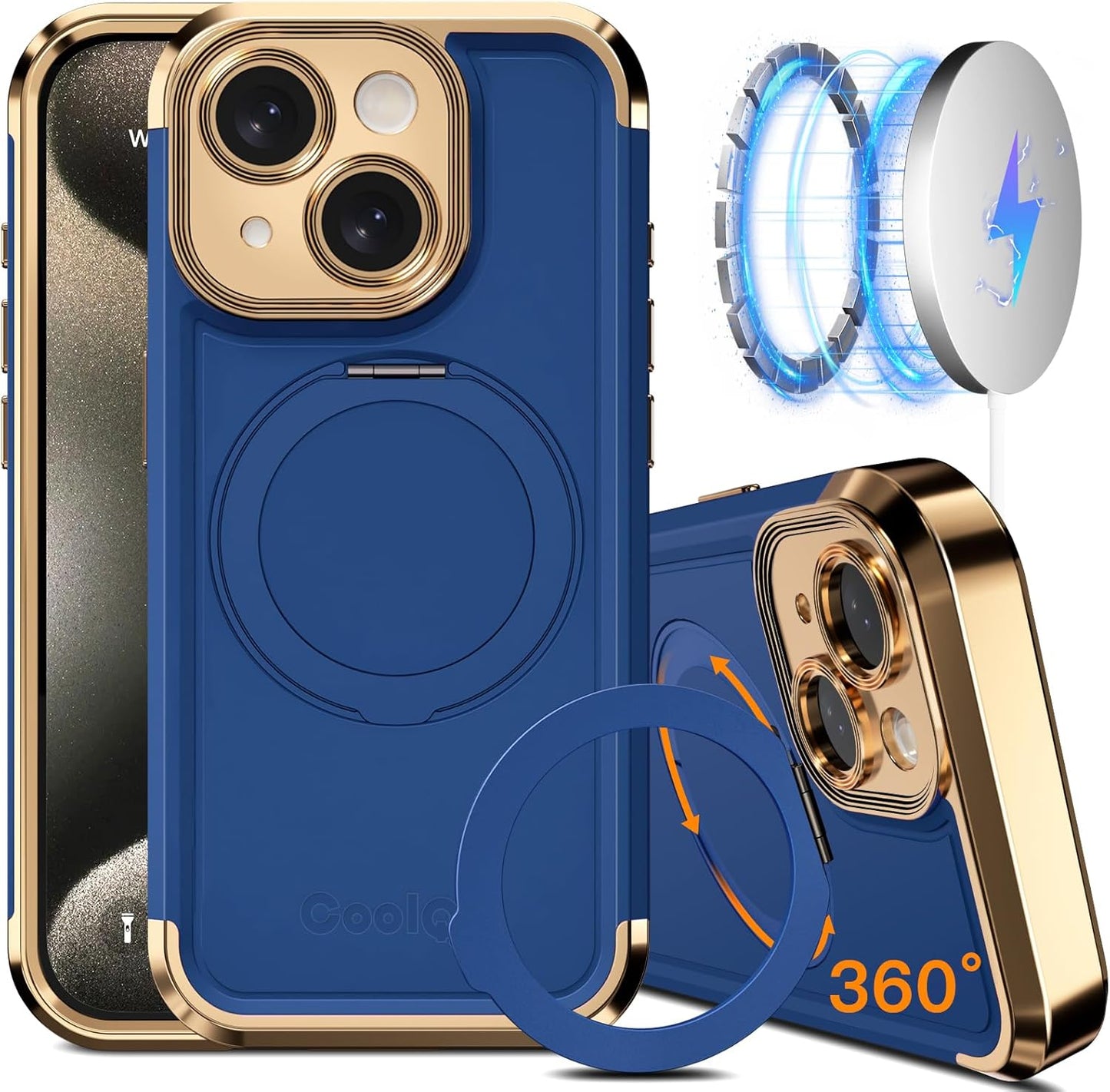 COOLQO for iPhone 13 Case 6.1'' Upgraded 360° Spin Magnetic Stand [Compatible with Magsafe][Military Protection] Plating Matte Scratch-Resistant Back Protective Shockproof Phone Case, Blue Gold