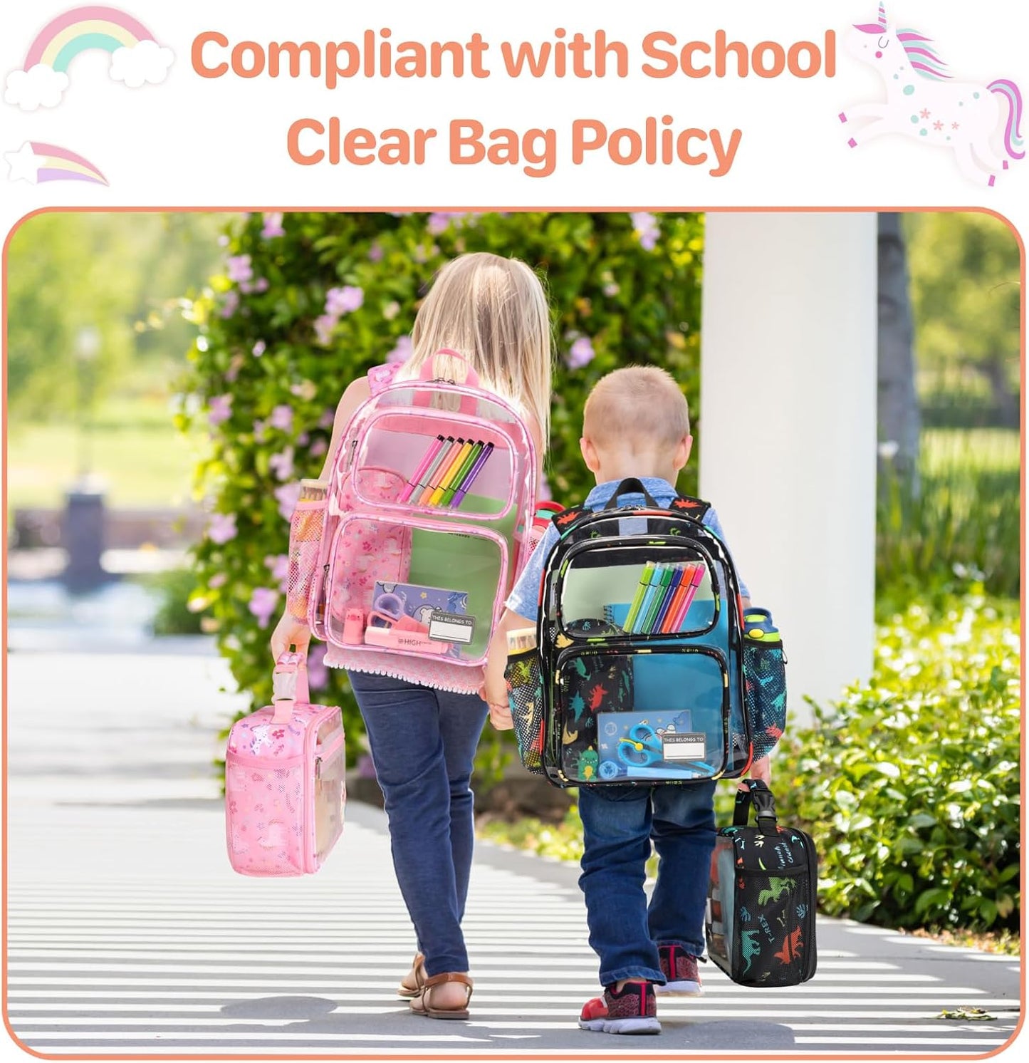 Bagseri Clear Backpack for Girls - 15 Inch Kids Backpack With Lunch Bag, Heavy Duty See Through Bookbag for School, Transparent for Ages 3-8, Pink Unicorn
