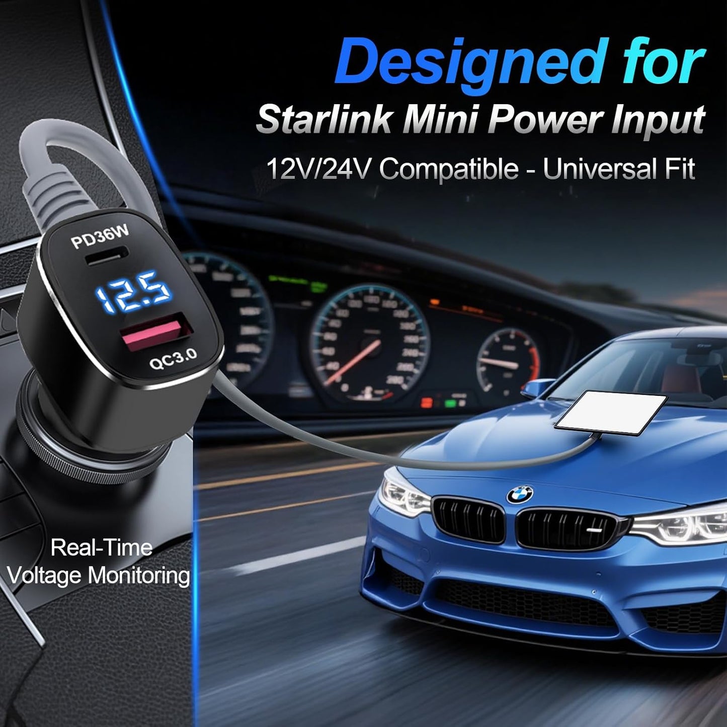 Starlink Mini Cable 3 in 1 DC Power Cable Aluminium Alloy Cigarette Lighter Adapter 12V-48V with Digital Display, Durable USB C PD 40W and USB A 35W Ports for Cars,Yacht, Trucks and RVs etc(10FT)