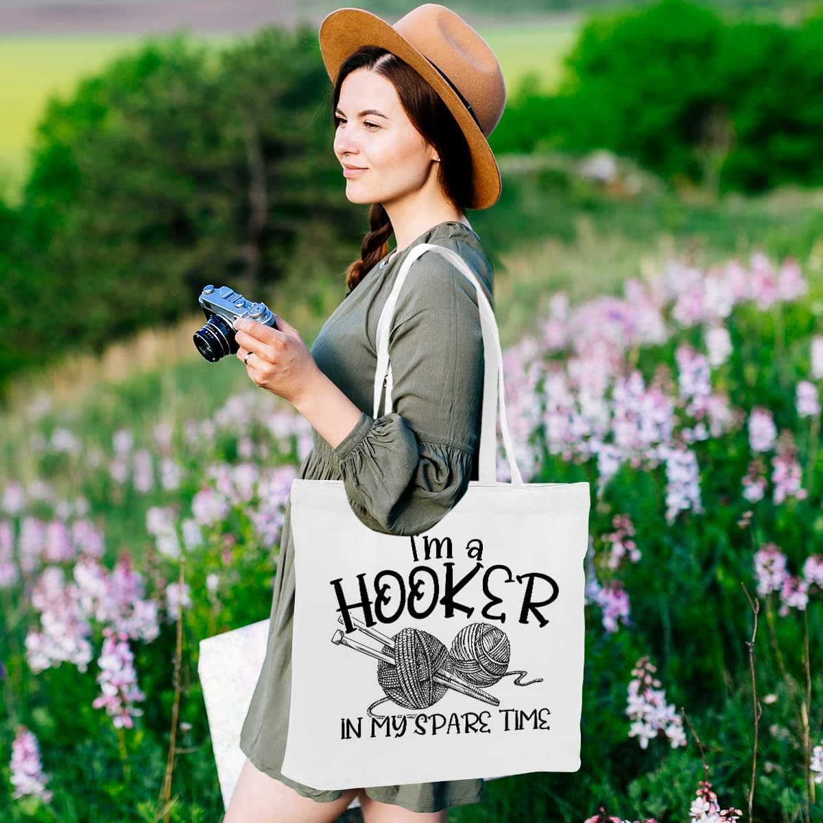 Crochet Knitting Humor Yarn Gifts Canvas Tote Bag, Reusable Grocery Shopping Bags for Crocheters Christmas