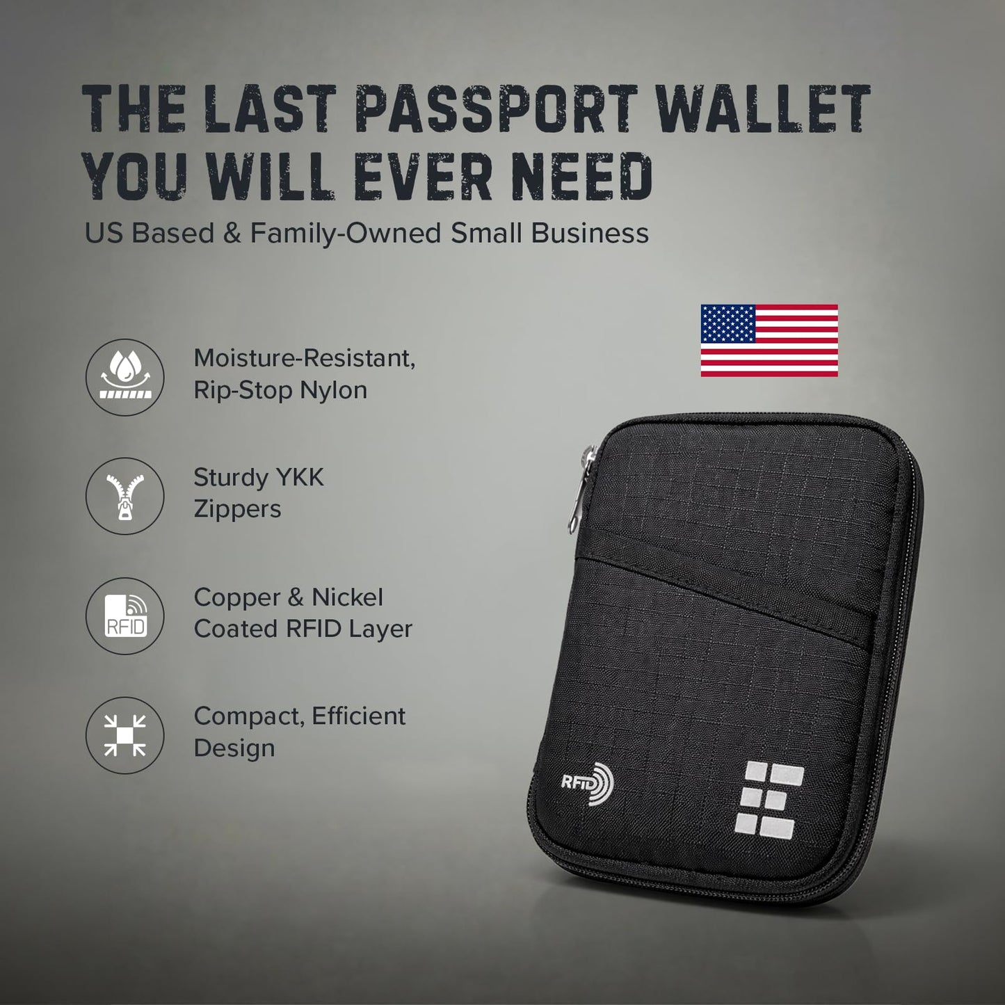 Zero Grid RFID Passport Holder for Passports & Cards, Zippered, Black
