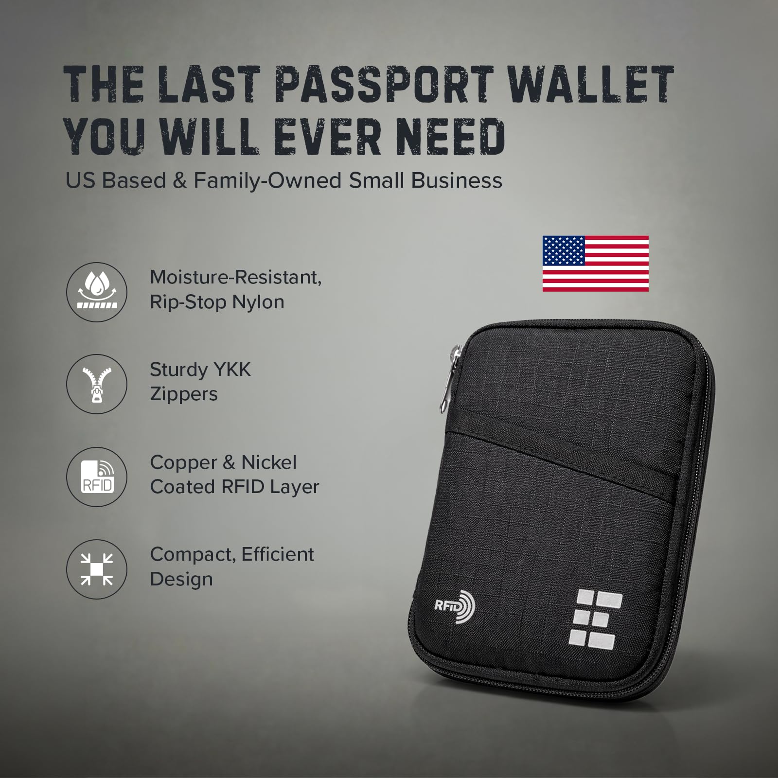 Zero Grid RFID Passport Holder for Passports & Cards, Zippered, Black