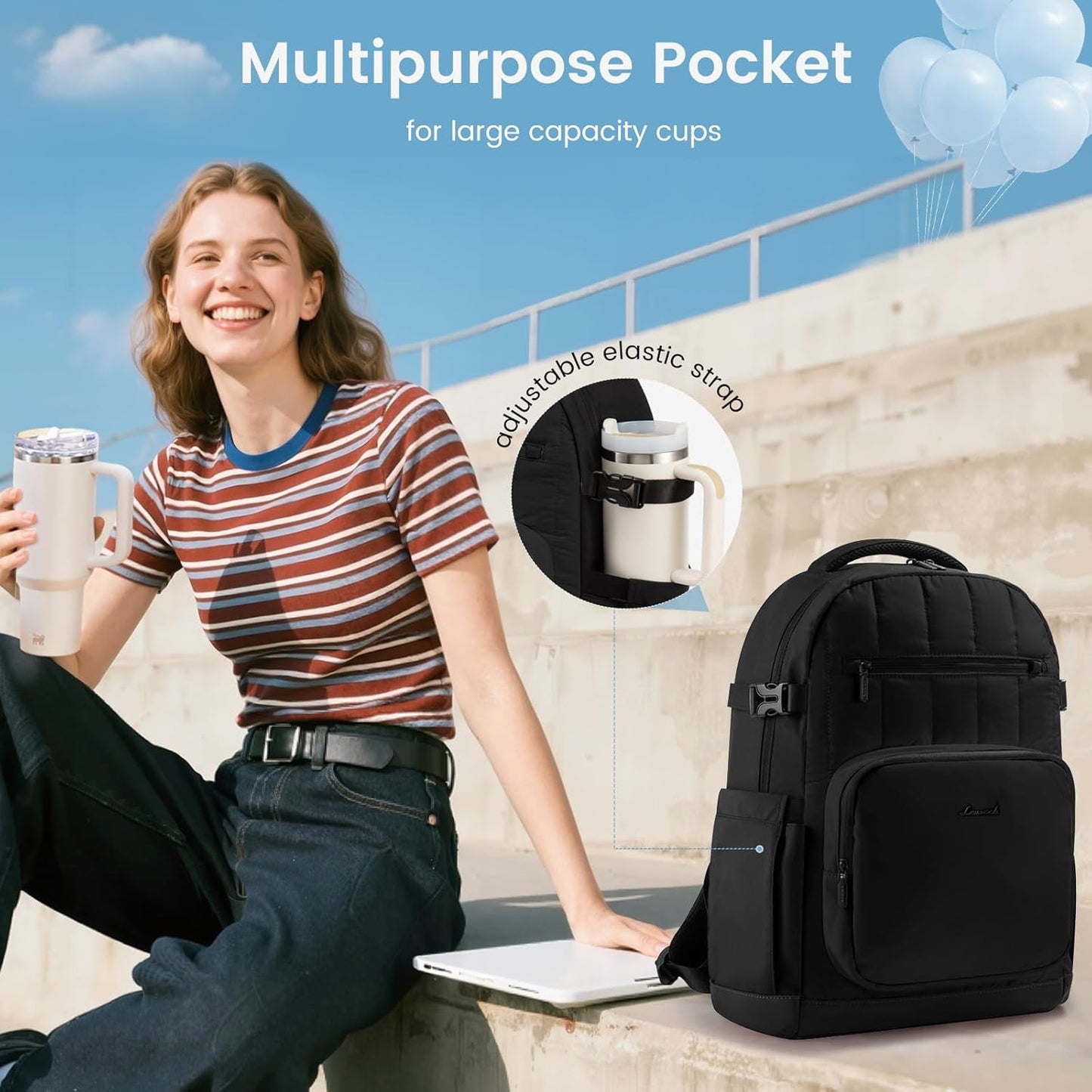 LOVEVOOK Laptop Backpack for Women with Pouch Pocket for Large Capacity Cup,17 Inch Lightweight Puffer Computer Laptop Bag Quilted Travel Backpack Purse for Work College Teacher Personal Item,Black